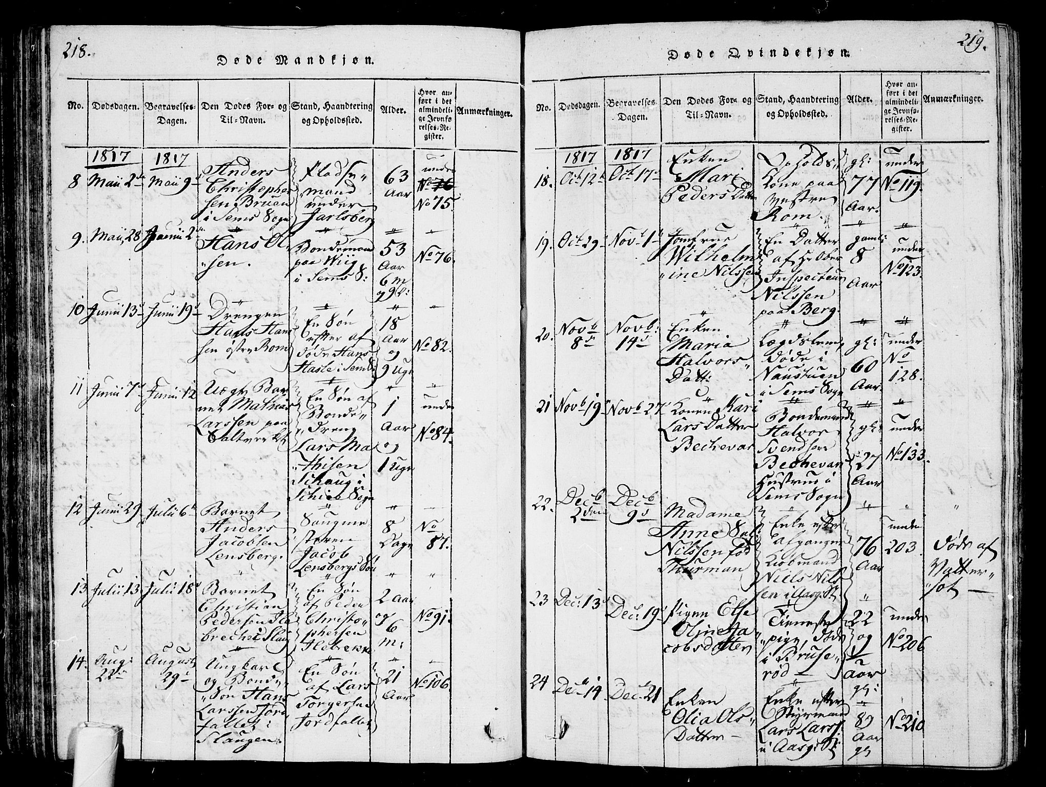 Sem kirkebøker, AV/SAKO-A-5/G/Ga/L0001: Parish register (copy) no. I 1, 1814-1825, p. 218-219
