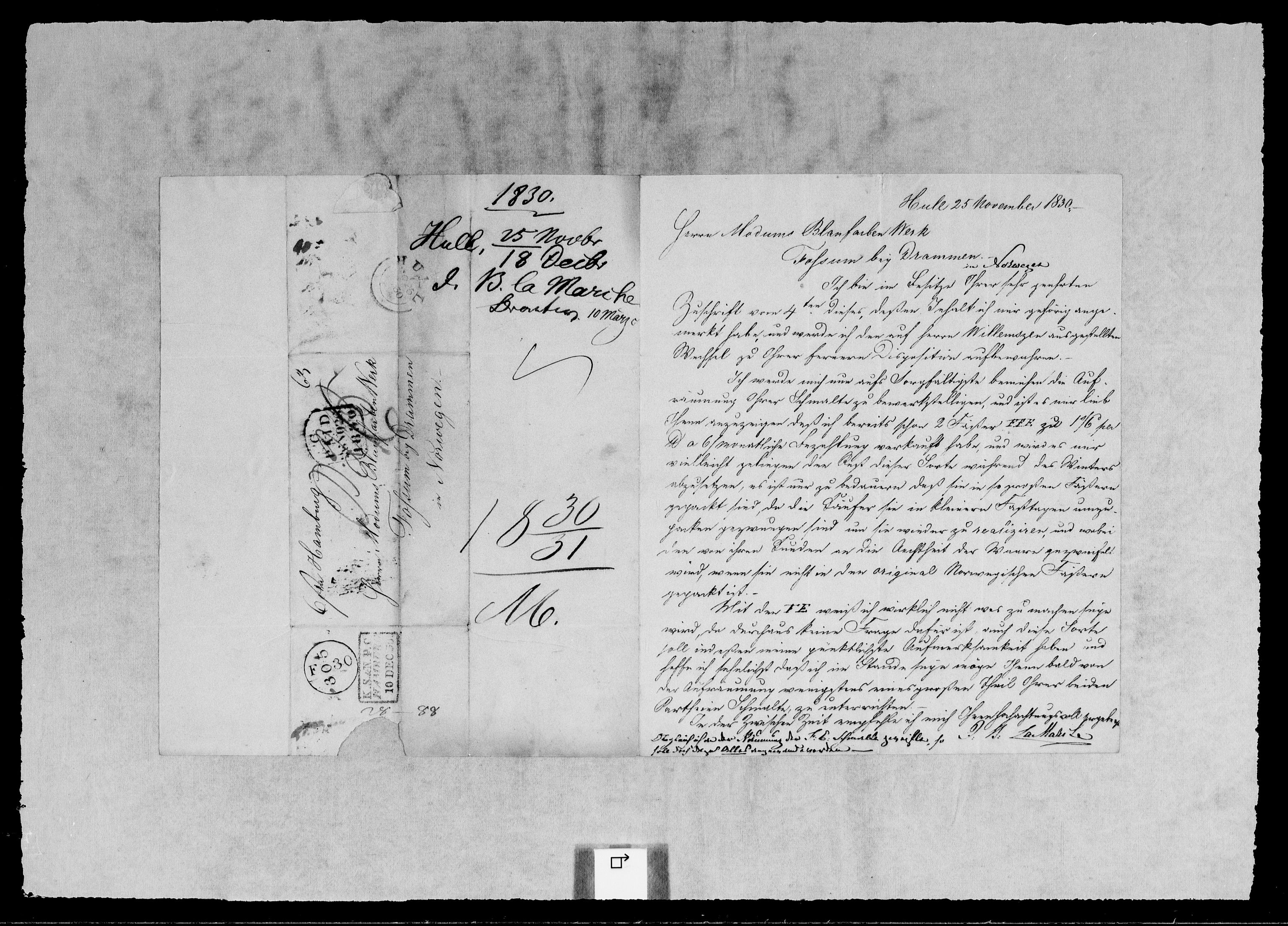 Modums Blaafarveværk, RA/PA-0157/G/Gb/L0106/0001: -- / Innkomne brev M - Y, 1830-1831, p. 2