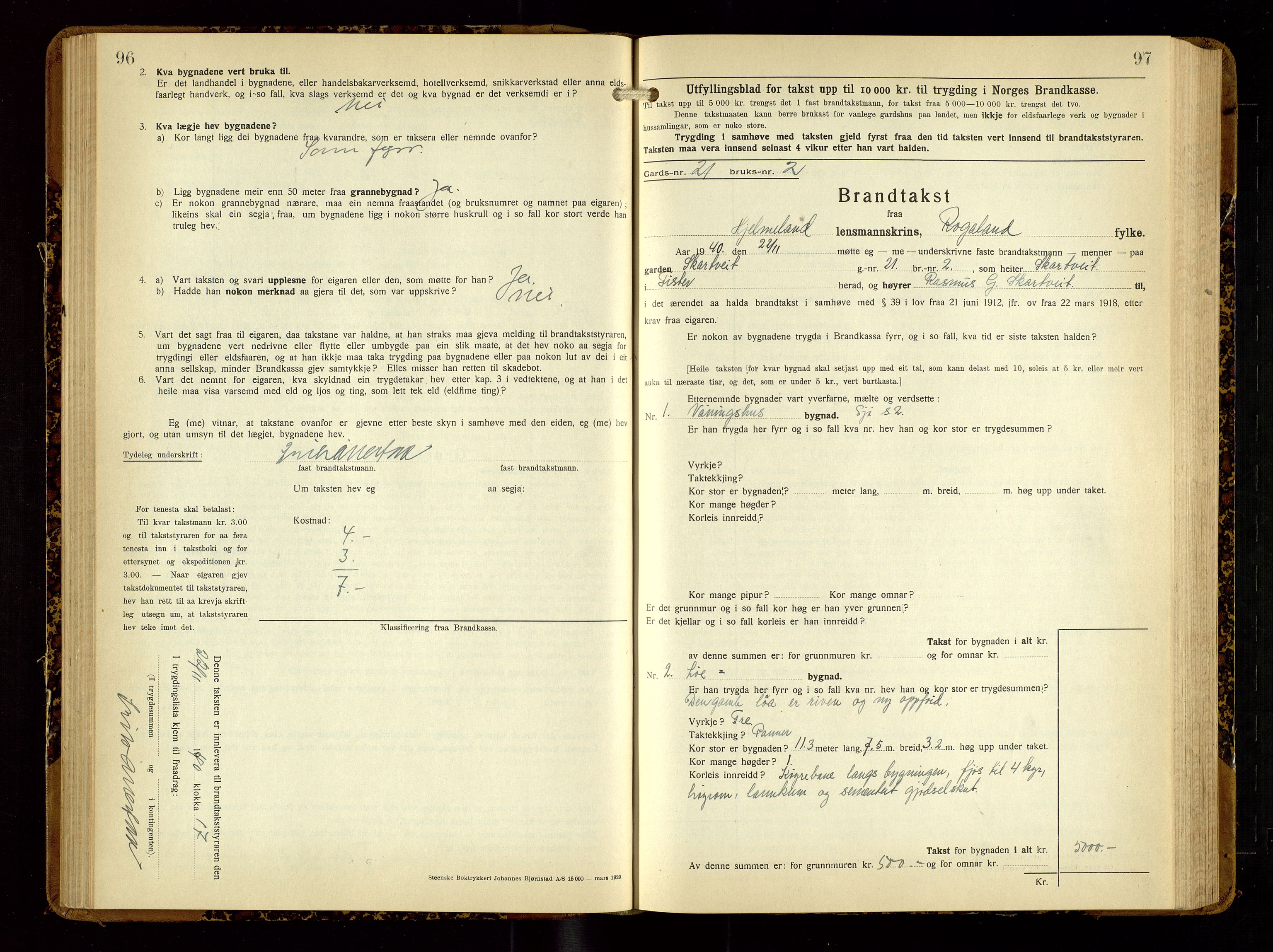 Hjelmeland lensmannskontor, SAST/A-100439/Gob/L0003: "Brandtakstbok", 1932-1950, p. 96-97