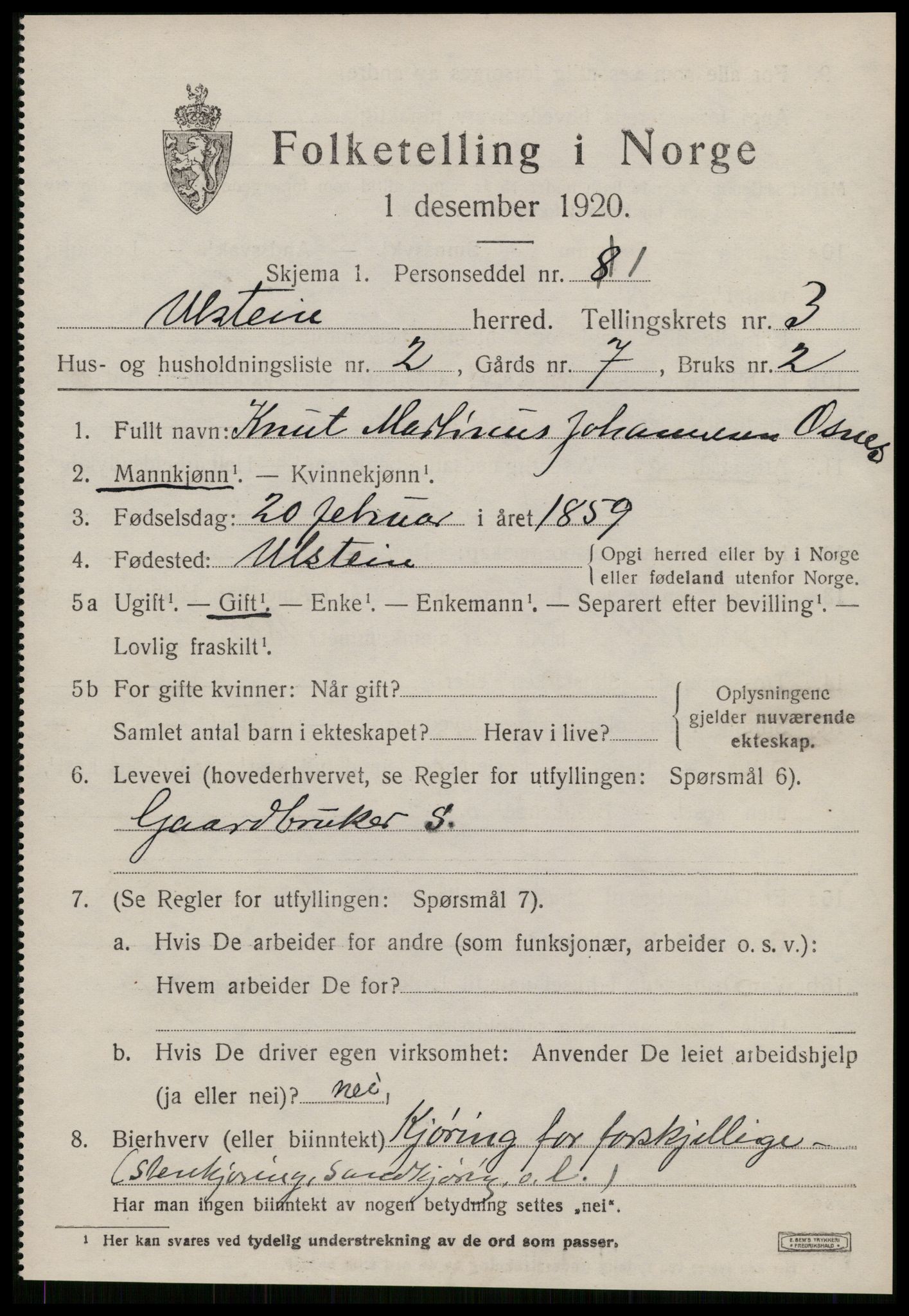 SAT, 1920 census for Ulstein, 1920, p. 1638