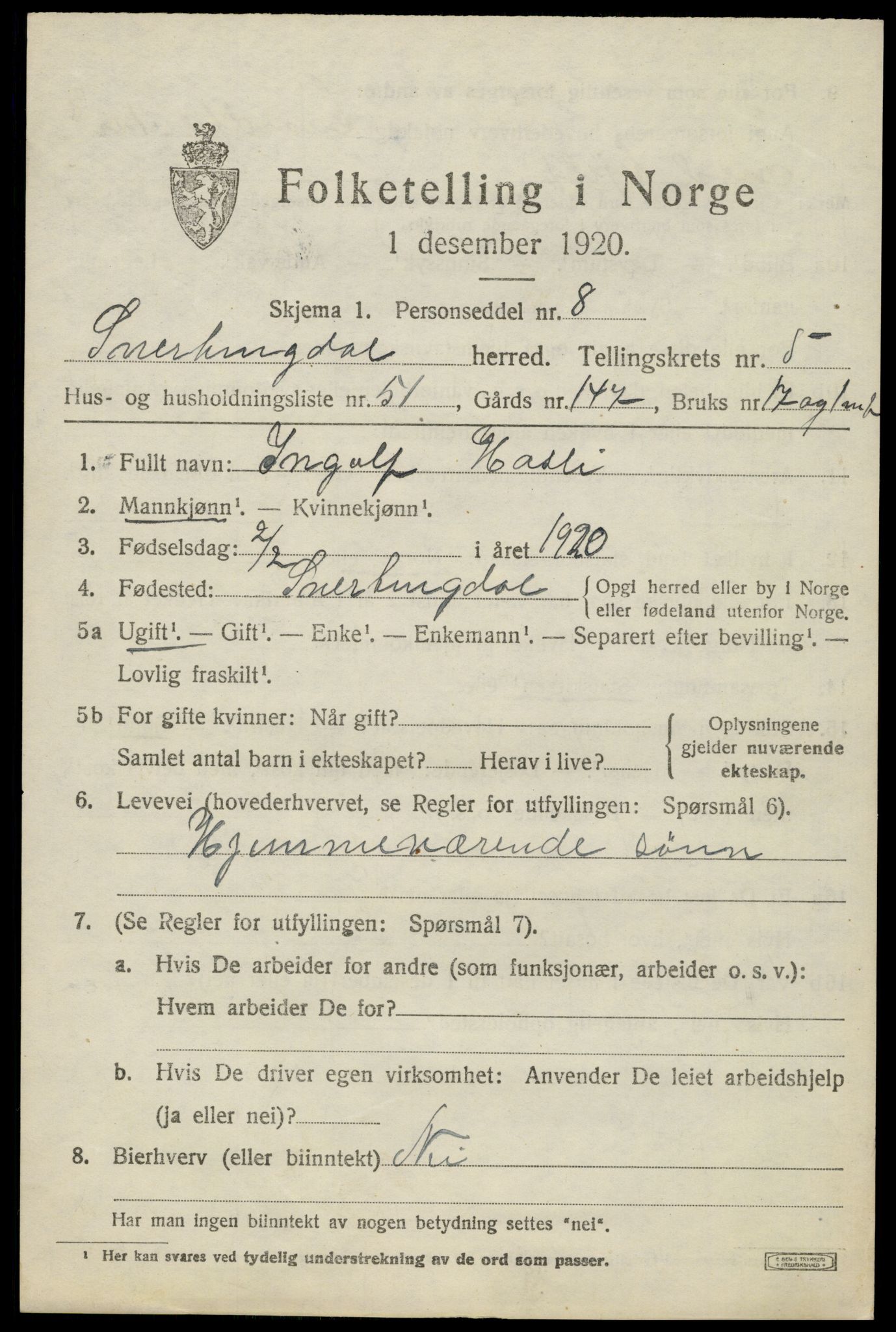 SAH, 1920 census for Snertingdal, 1920, p. 4873