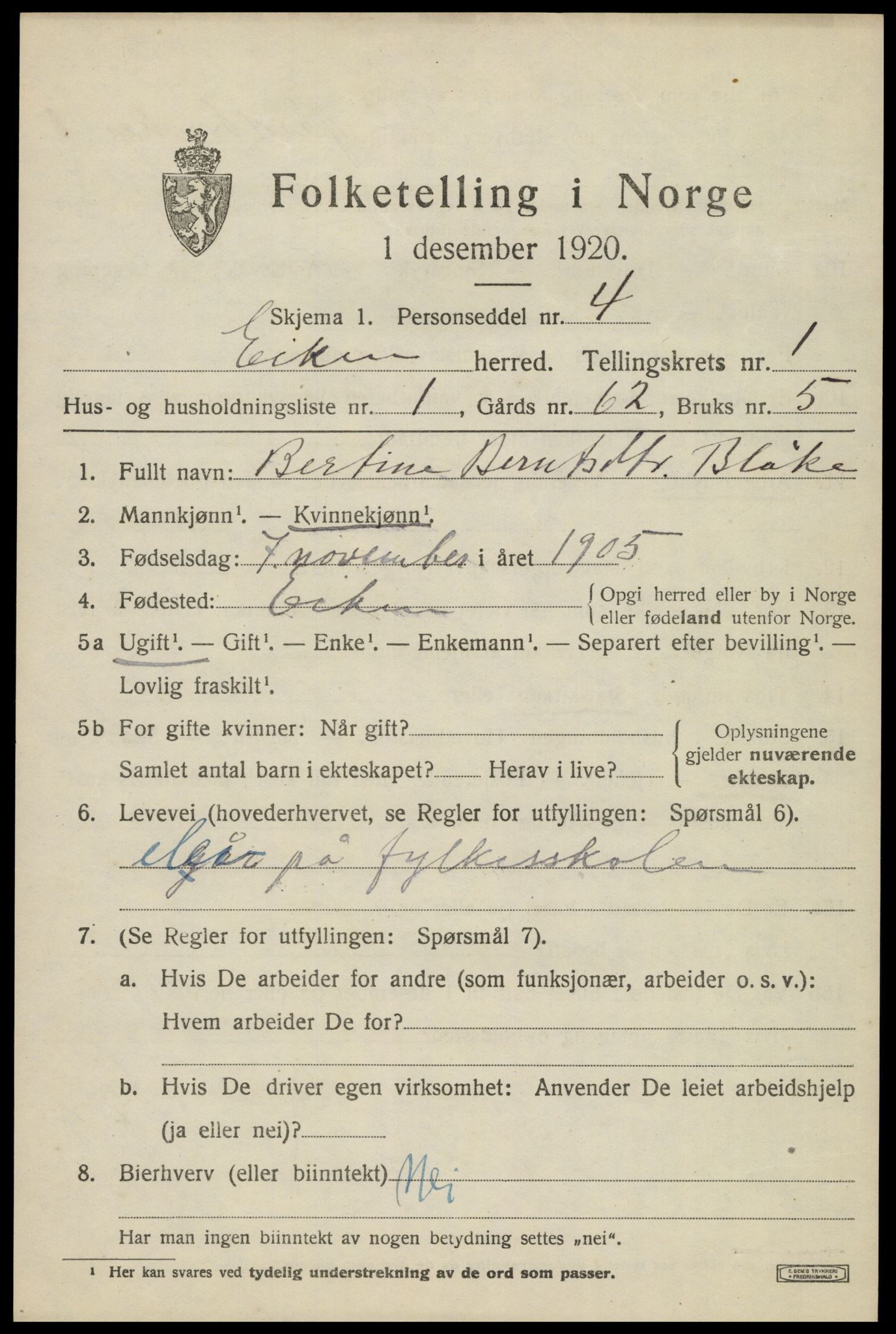 SAK, 1920 census for Eiken, 1920, p. 439