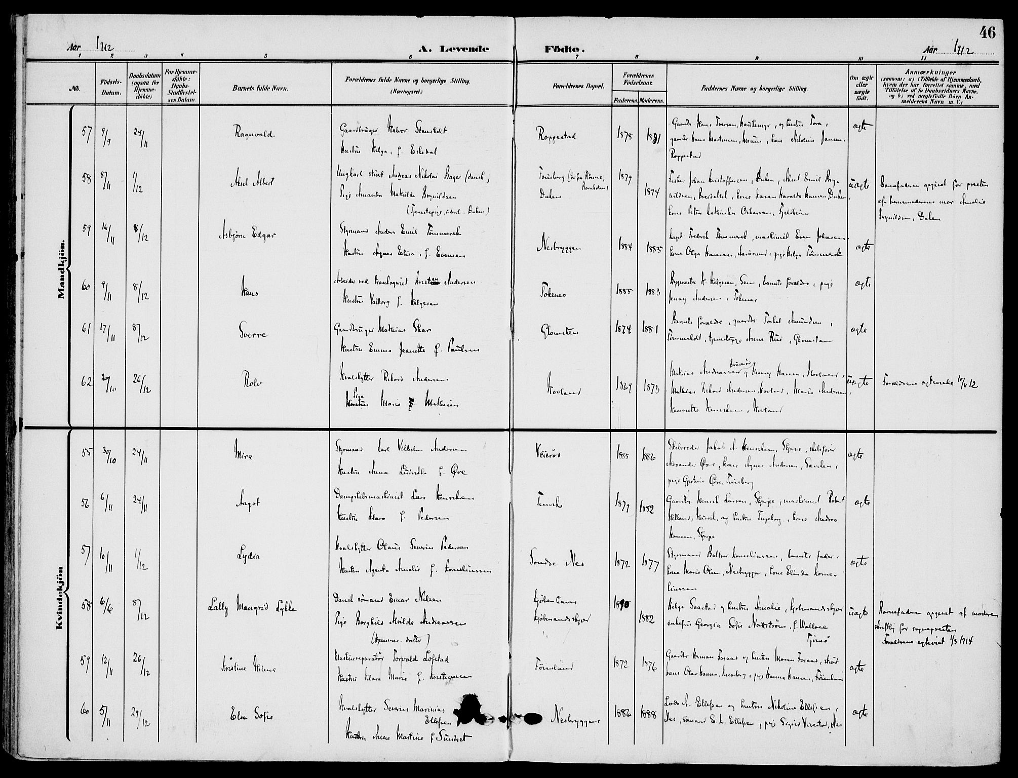 Nøtterøy kirkebøker, AV/SAKO-A-354/F/Fa/L0010: Parish register (official) no. I 10, 1908-1919, p. 46