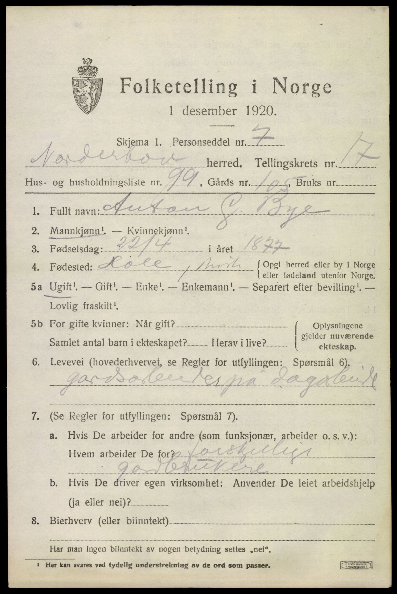 SAKO, 1920 census for Norderhov, 1920, p. 19553