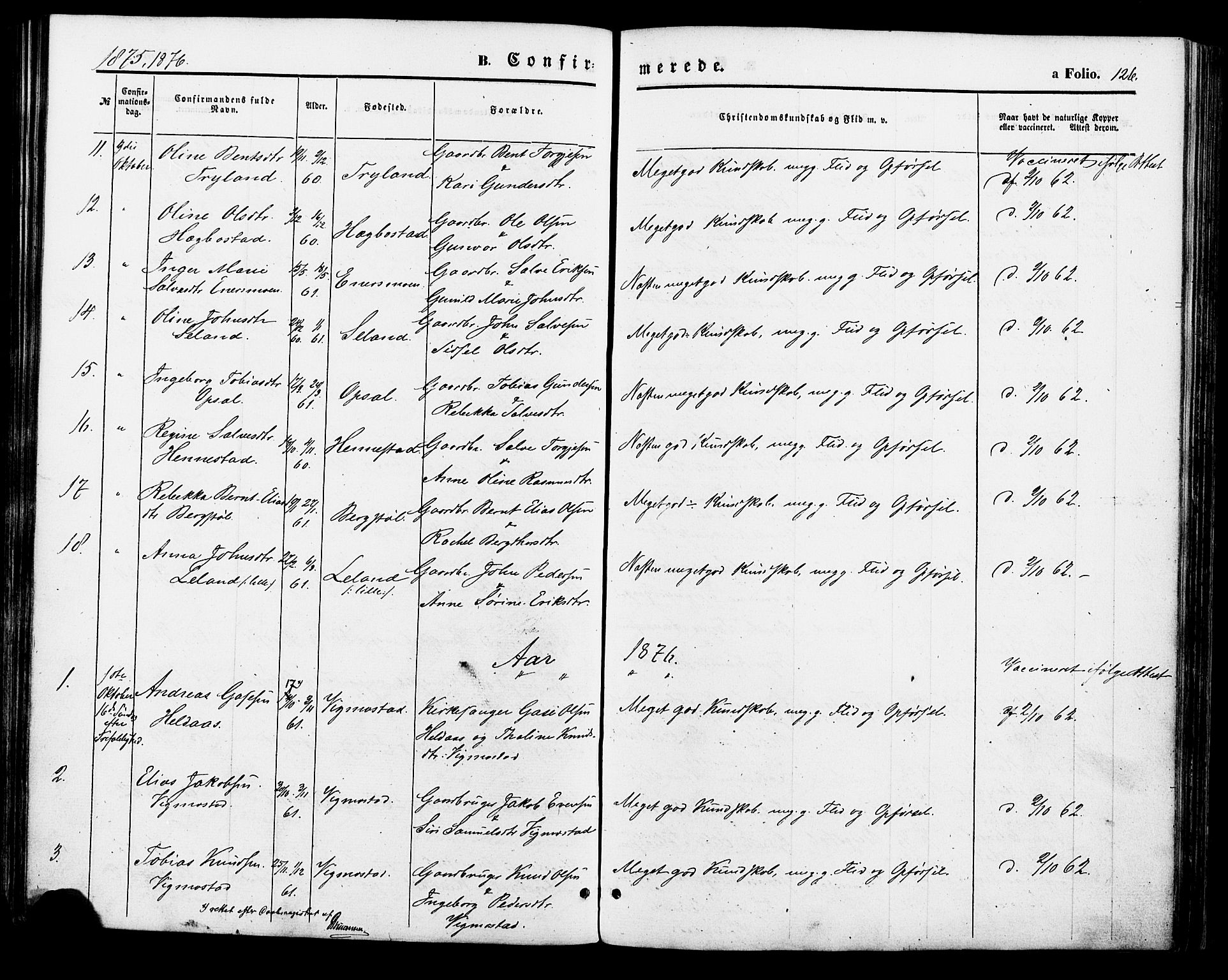Nord-Audnedal sokneprestkontor, SAK/1111-0032/F/Fa/Fab/L0002: Parish register (official) no. A 2, 1859-1882, p. 126