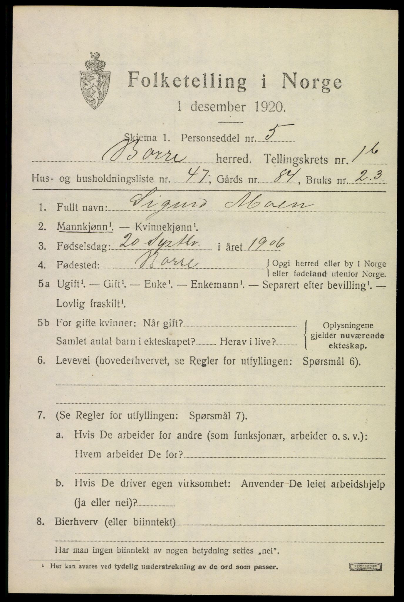 SAKO, 1920 census for Borre, 1920, p. 3056