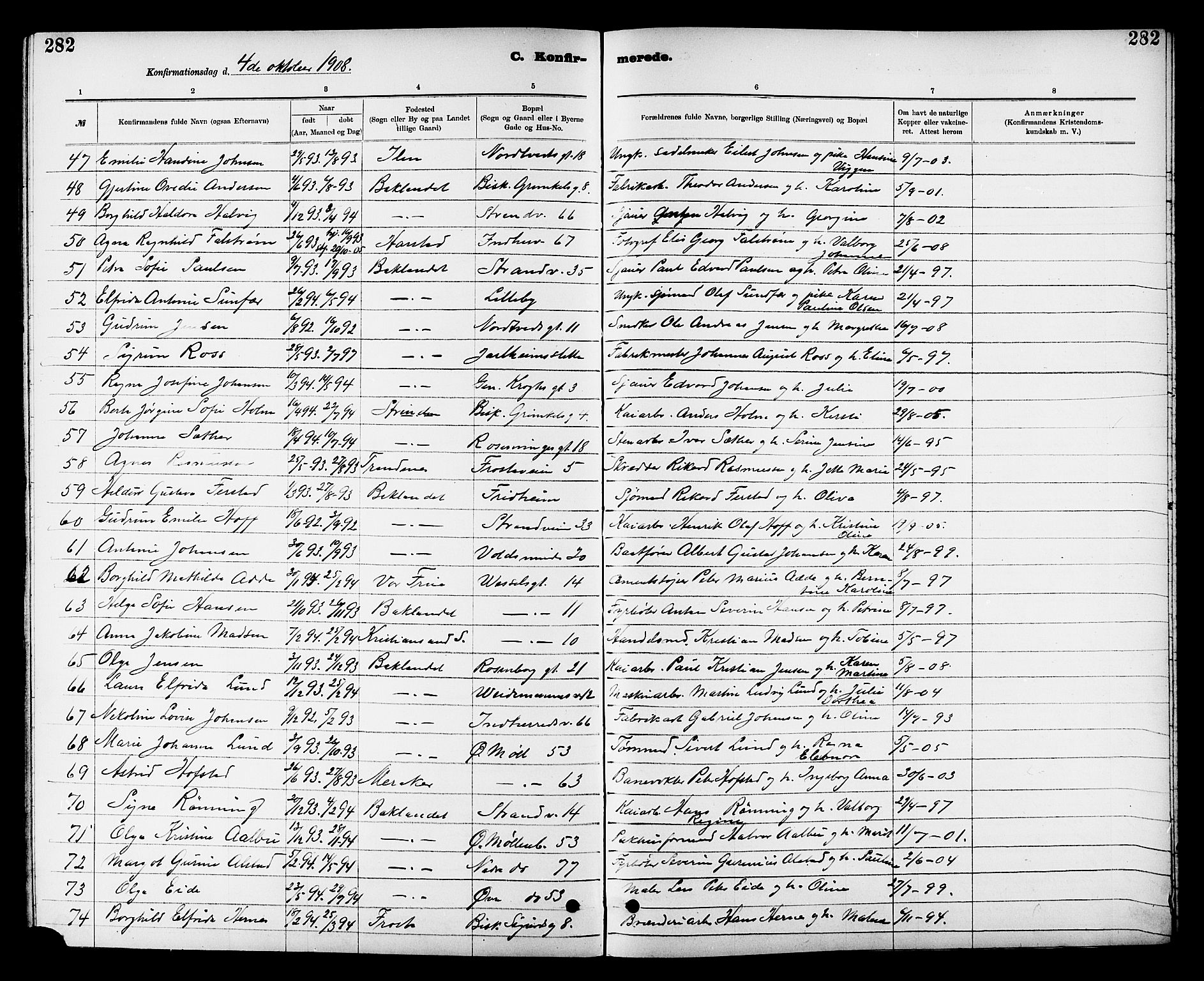 Ministerialprotokoller, klokkerbøker og fødselsregistre - Sør-Trøndelag, SAT/A-1456/605/L0254: Parish register (copy) no. 605C01, 1908-1916, p. 282