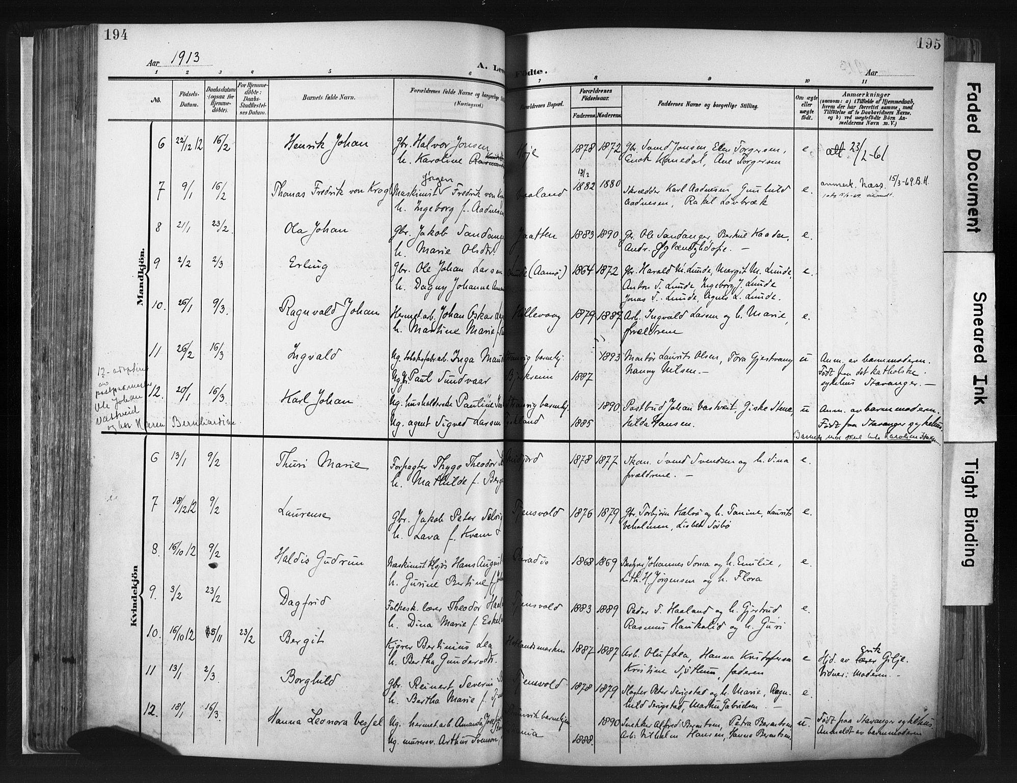Hetland sokneprestkontor, SAST/A-101826/30/30BA/L0013: Parish register (official) no. A 13, 1904-1918, p. 194-195