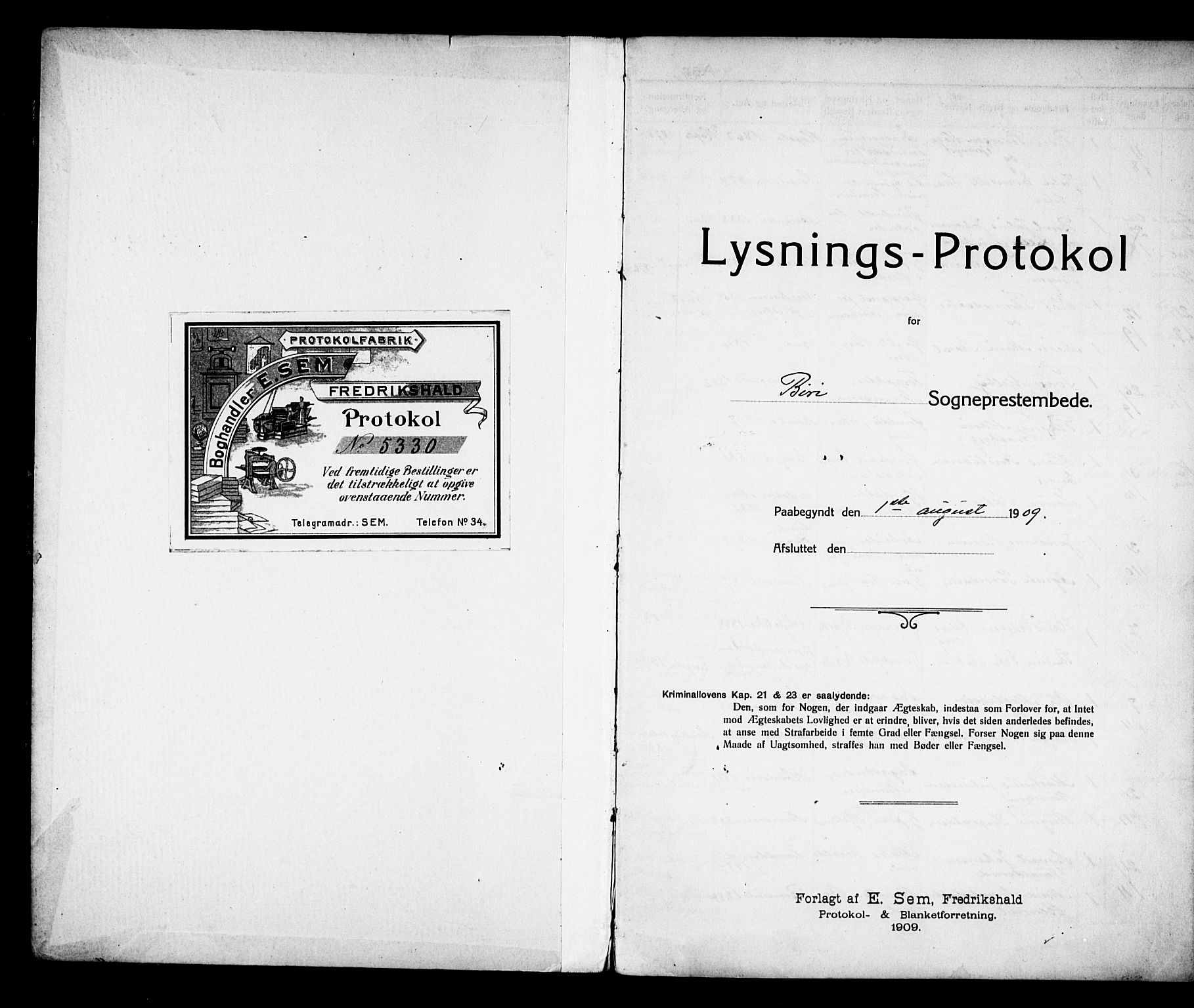 Biri prestekontor, SAH/PREST-096/I/Ie/Iea/L0001/0003: Banns register no. 1.3, 1909-1921