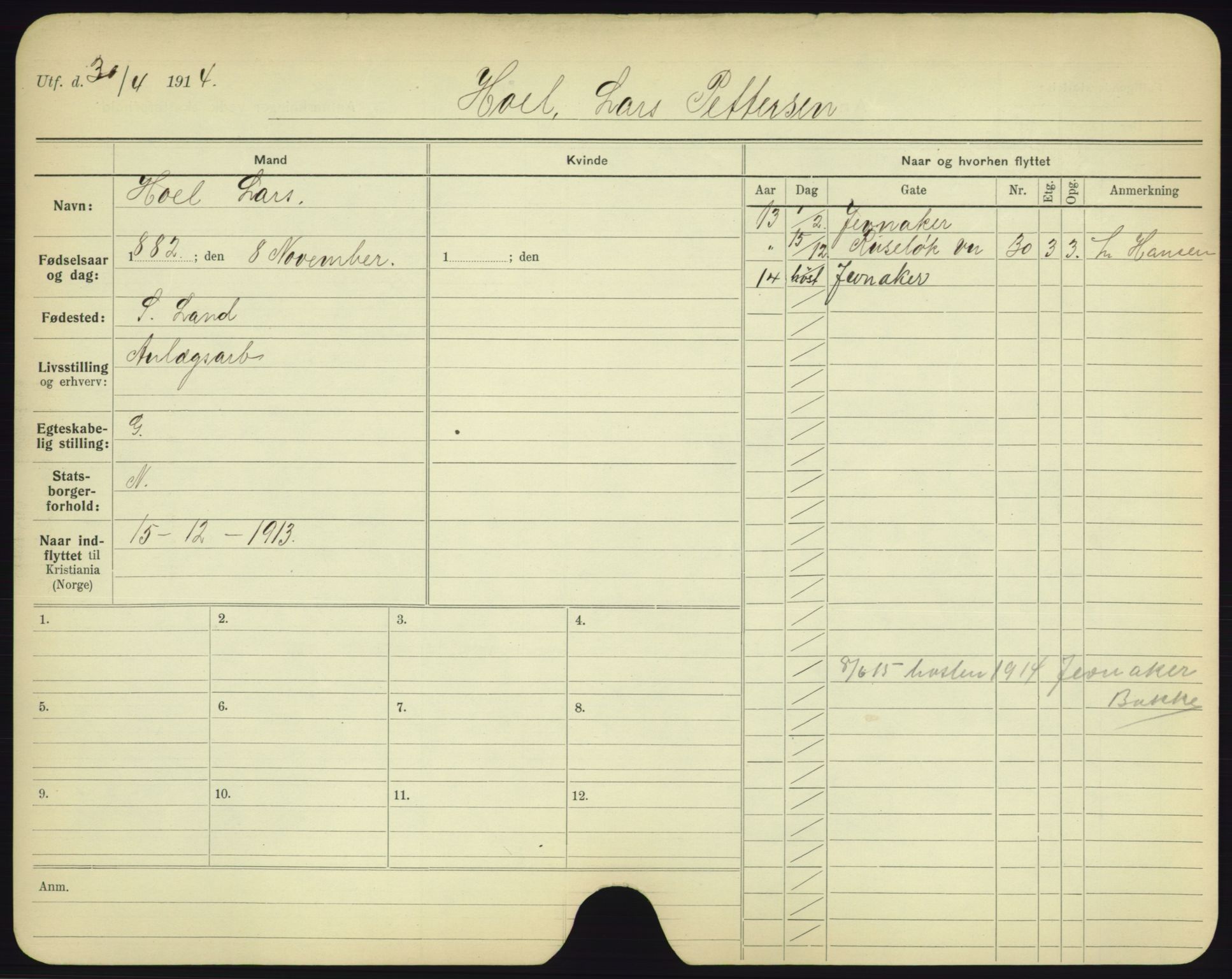 Oslo folkeregister, Registerkort, AV/SAO-A-11715/F/Fa/Fac/L0004: Menn, 1906-1914, p. 825a