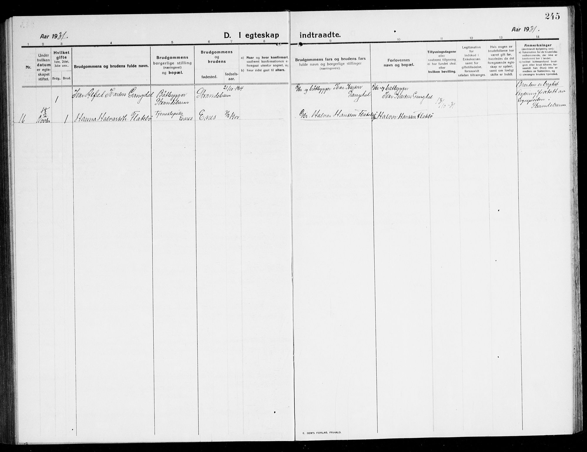 Kvinnherad sokneprestembete, AV/SAB-A-76401/H/Hab: Parish register (copy) no. A 3, 1911-1945, p. 245