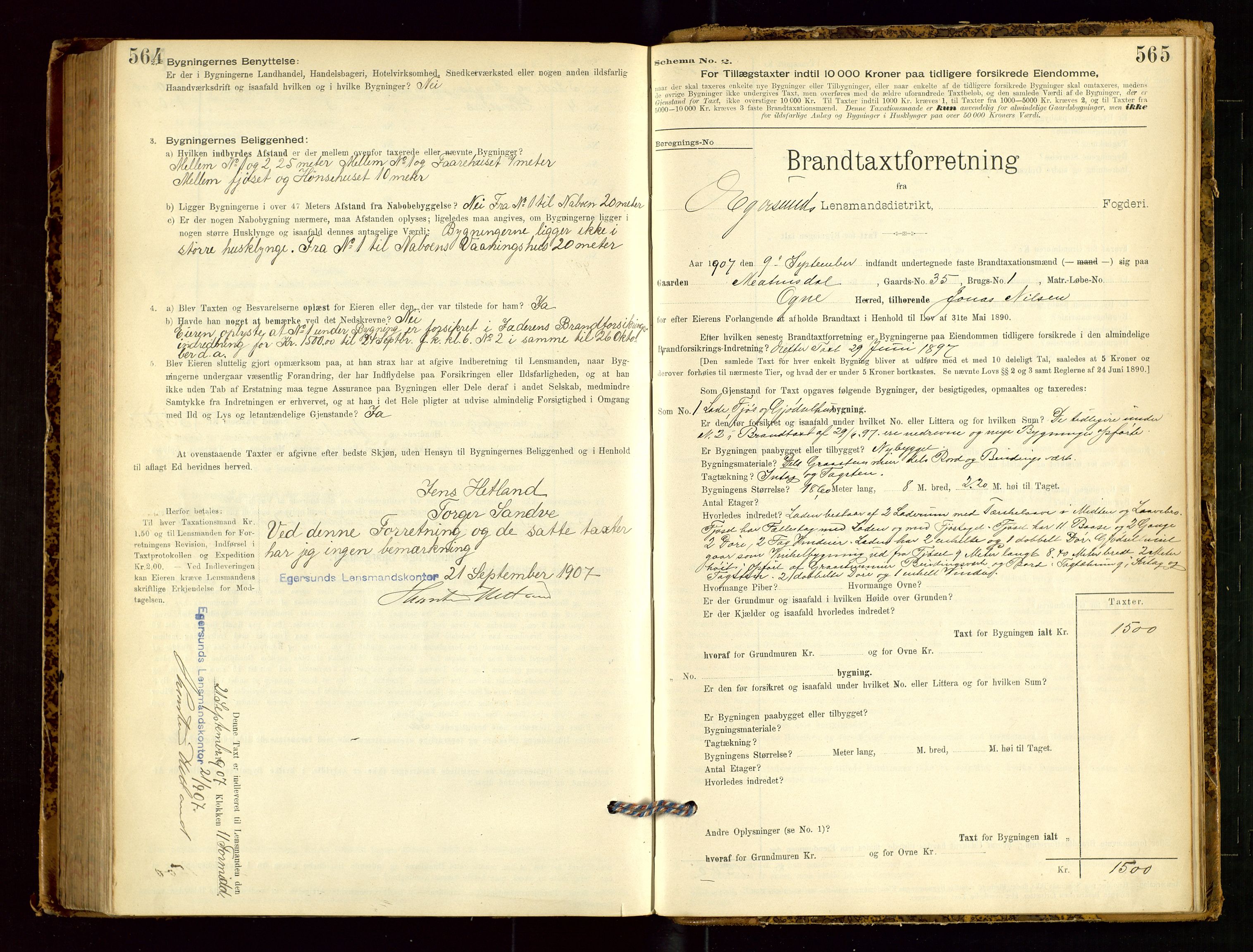 Eigersund lensmannskontor, AV/SAST-A-100171/Gob/L0001: Skjemaprotokoll, 1894-1909, p. 564-565