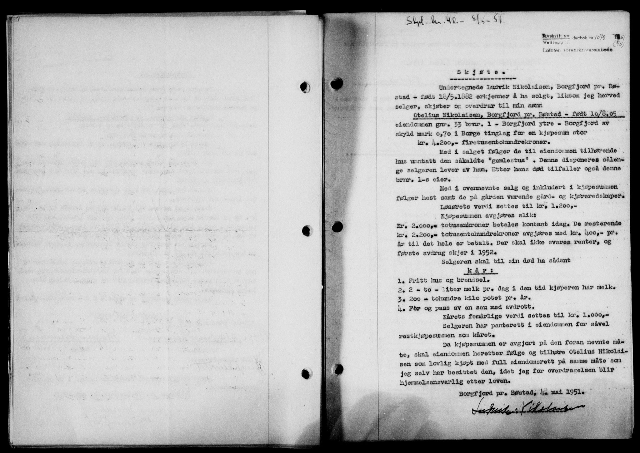 Lofoten sorenskriveri, SAT/A-0017/1/2/2C/L0025a: Mortgage book no. 25a, 1950-1951, Diary no: : 1073/1951