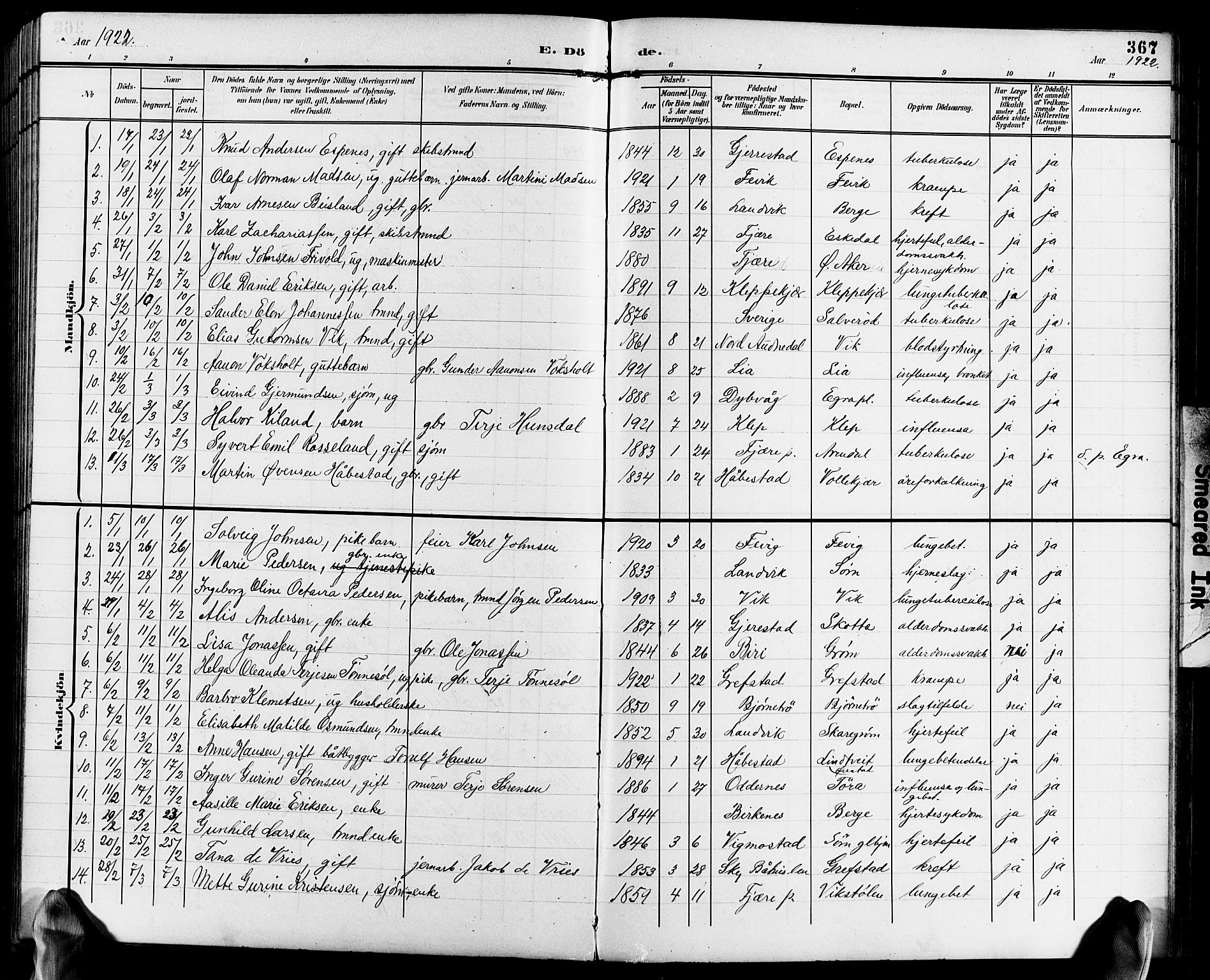 Fjære sokneprestkontor, SAK/1111-0011/F/Fb/L0012: Parish register (copy) no. B 12, 1902-1925, p. 367