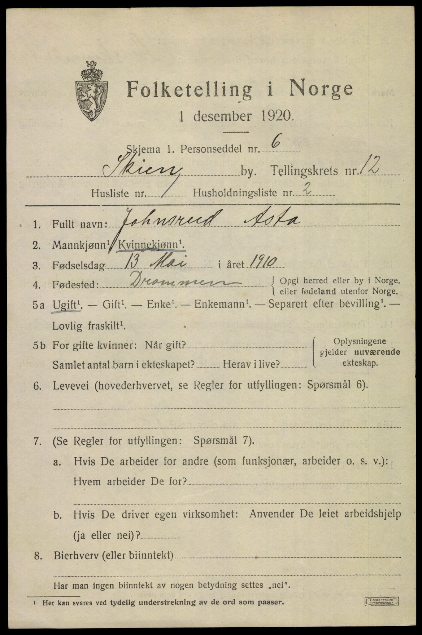 SAKO, 1920 census for Skien, 1920, p. 37322