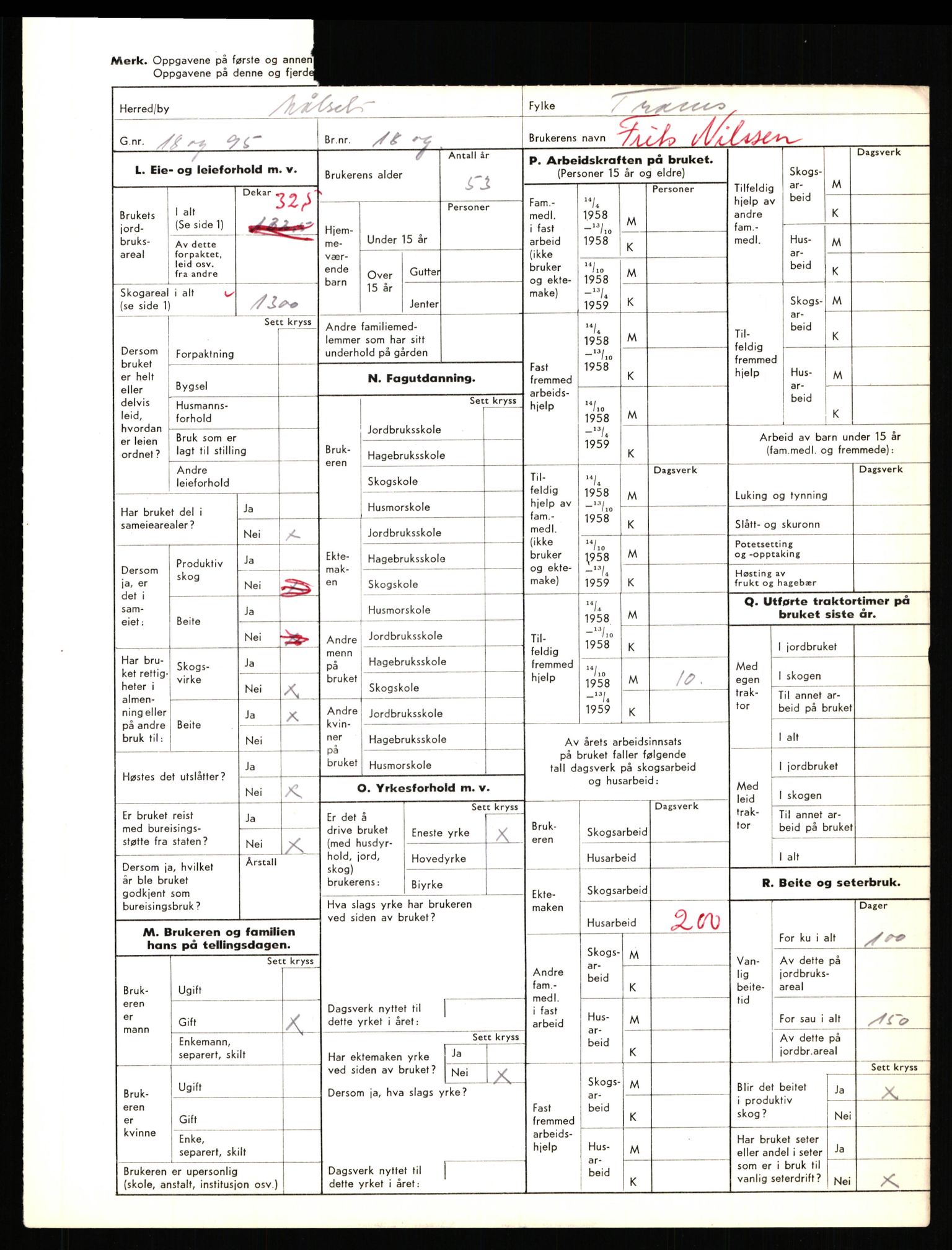 Statistisk sentralbyrå, Næringsøkonomiske emner, Jordbruk, skogbruk, jakt, fiske og fangst, AV/RA-S-2234/G/Gd/L0655: Troms: 1924 Målselv (kl. 4-10), 1959, p. 1423