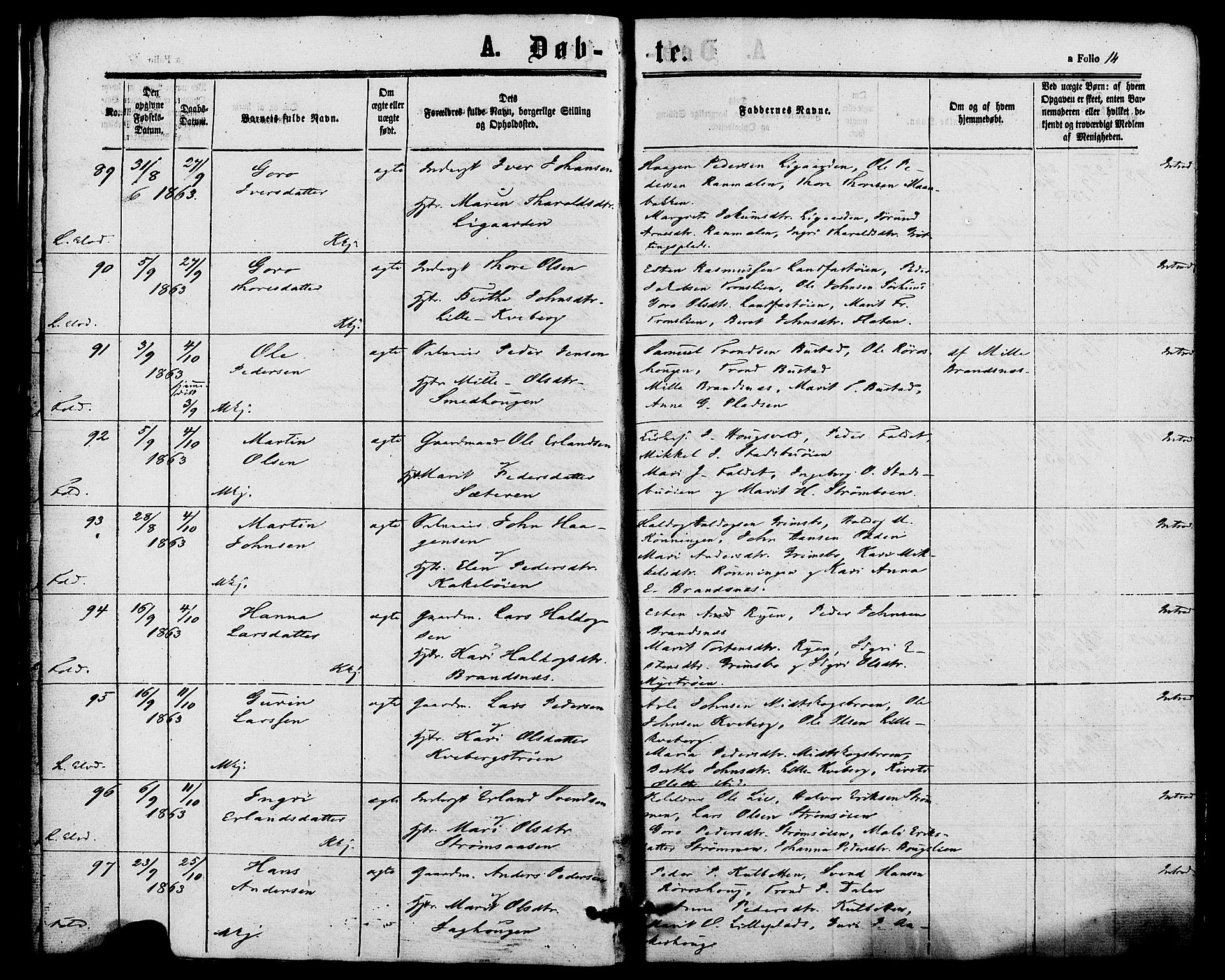 Alvdal prestekontor, AV/SAH-PREST-060/H/Ha/Haa/L0001: Parish register (official) no. 1, 1863-1882, p. 14