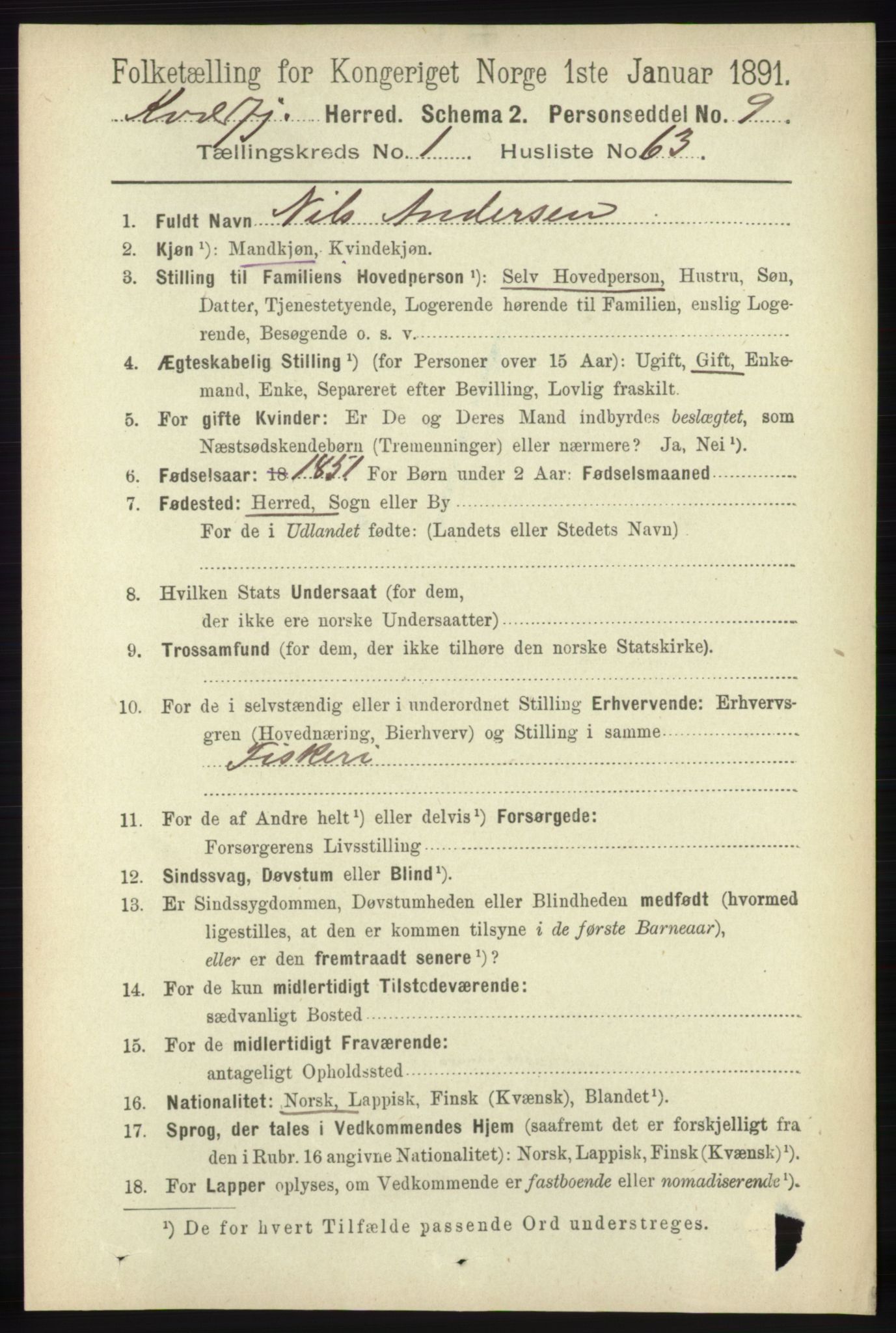 RA, 1891 census for 1911 Kvæfjord, 1891, p. 536