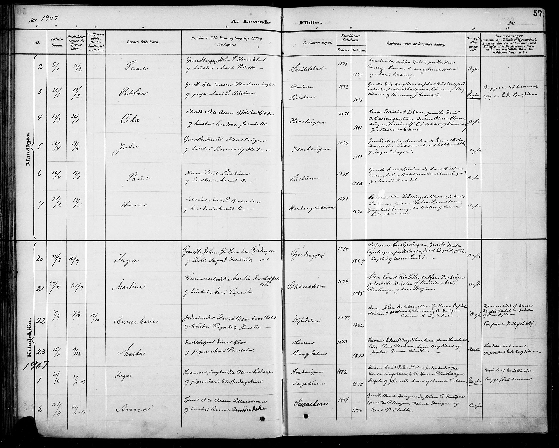 Sel prestekontor, SAH/PREST-074/H/Ha/Hab/L0005: Parish register (copy) no. 5, 1894-1923, p. 57