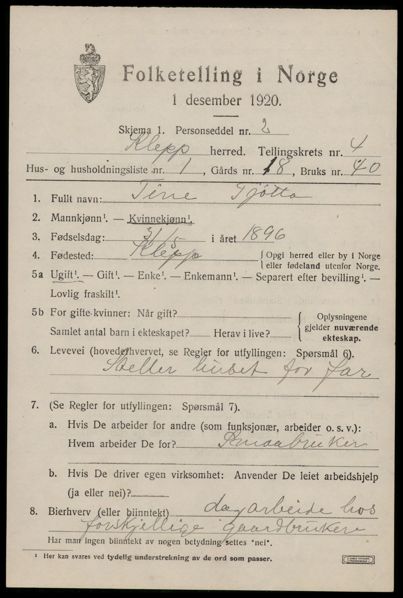 SAST, 1920 census for Klepp, 1920, p. 4334