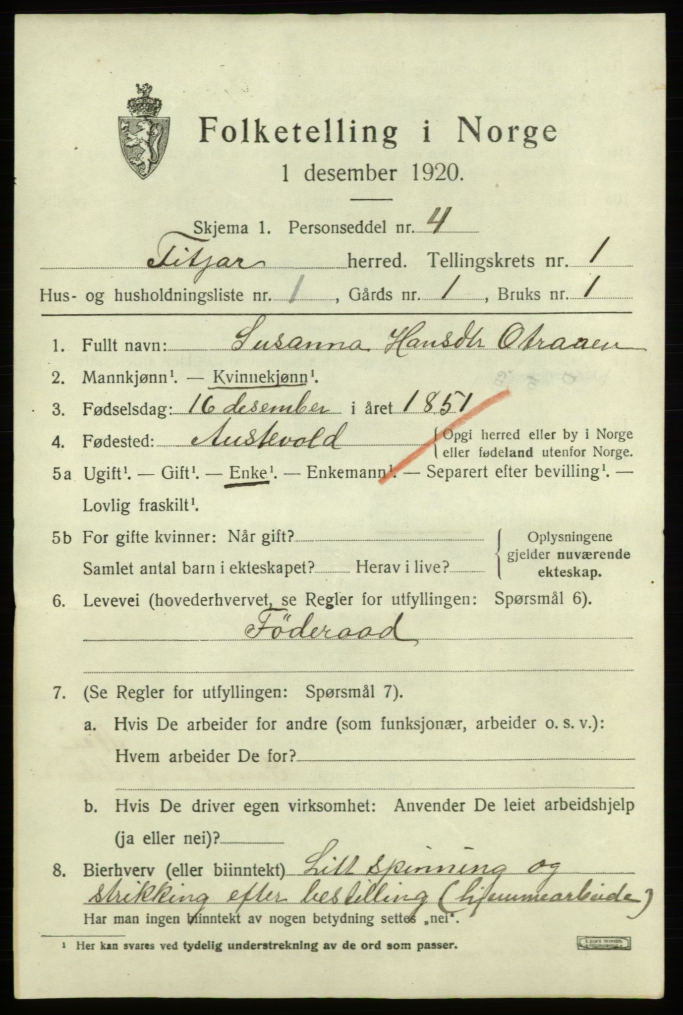 SAB, 1920 census for Fitjar, 1920, p. 954