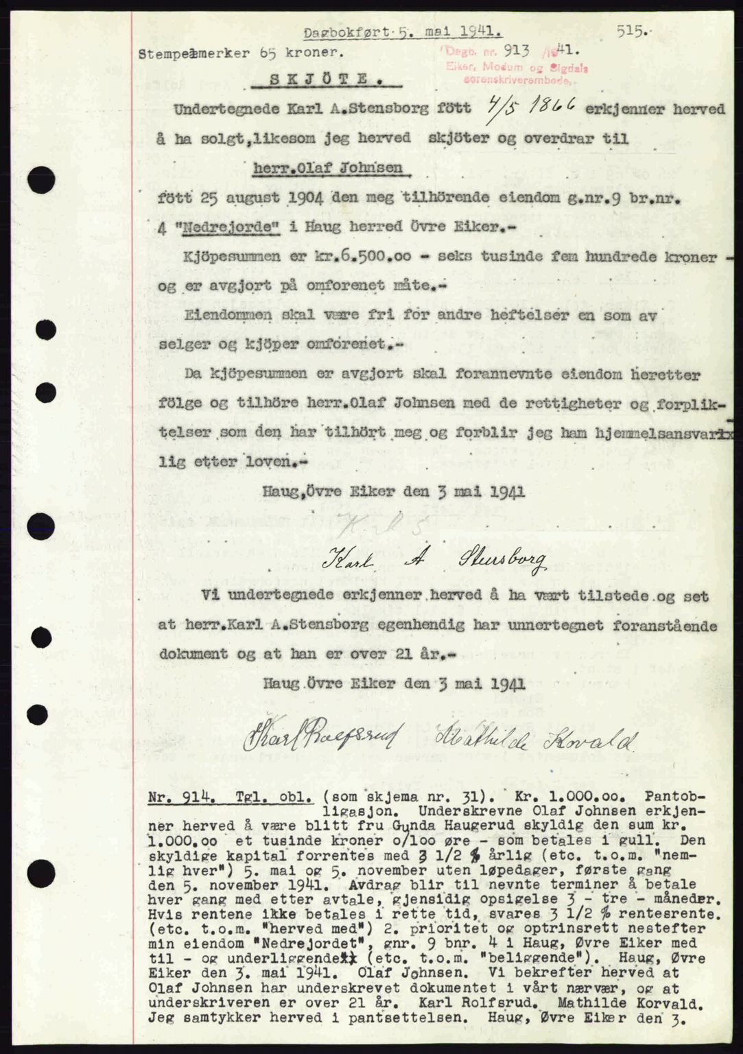 Eiker, Modum og Sigdal sorenskriveri, SAKO/A-123/G/Ga/Gab/L0043: Mortgage book no. A13, 1940-1941, Diary no: : 913/1941