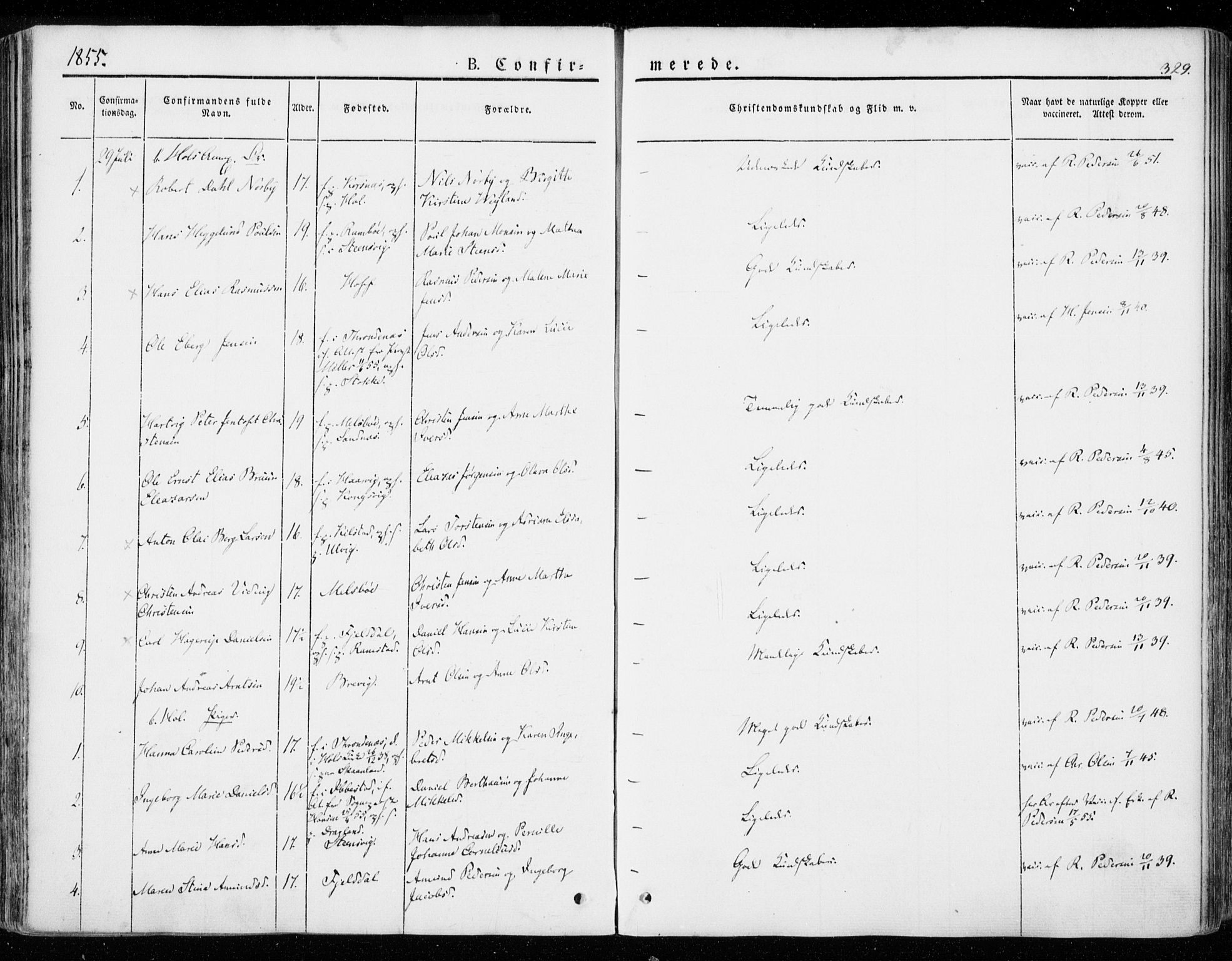 Ministerialprotokoller, klokkerbøker og fødselsregistre - Nordland, AV/SAT-A-1459/872/L1033: Parish register (official) no. 872A08, 1840-1863, p. 329