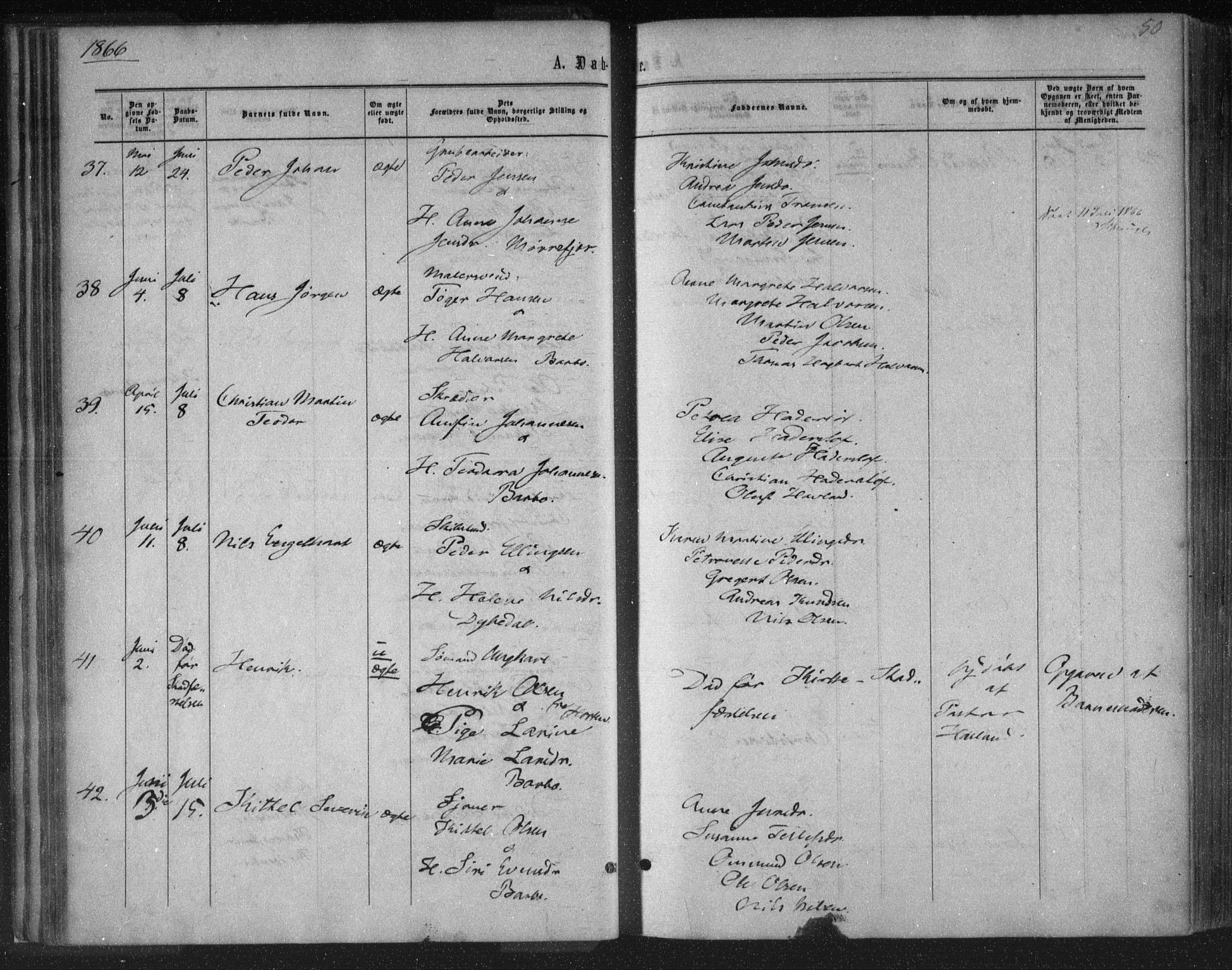 Tromøy sokneprestkontor, AV/SAK-1111-0041/F/Fa/L0007: Parish register (official) no. A 7, 1864-1869, p. 50