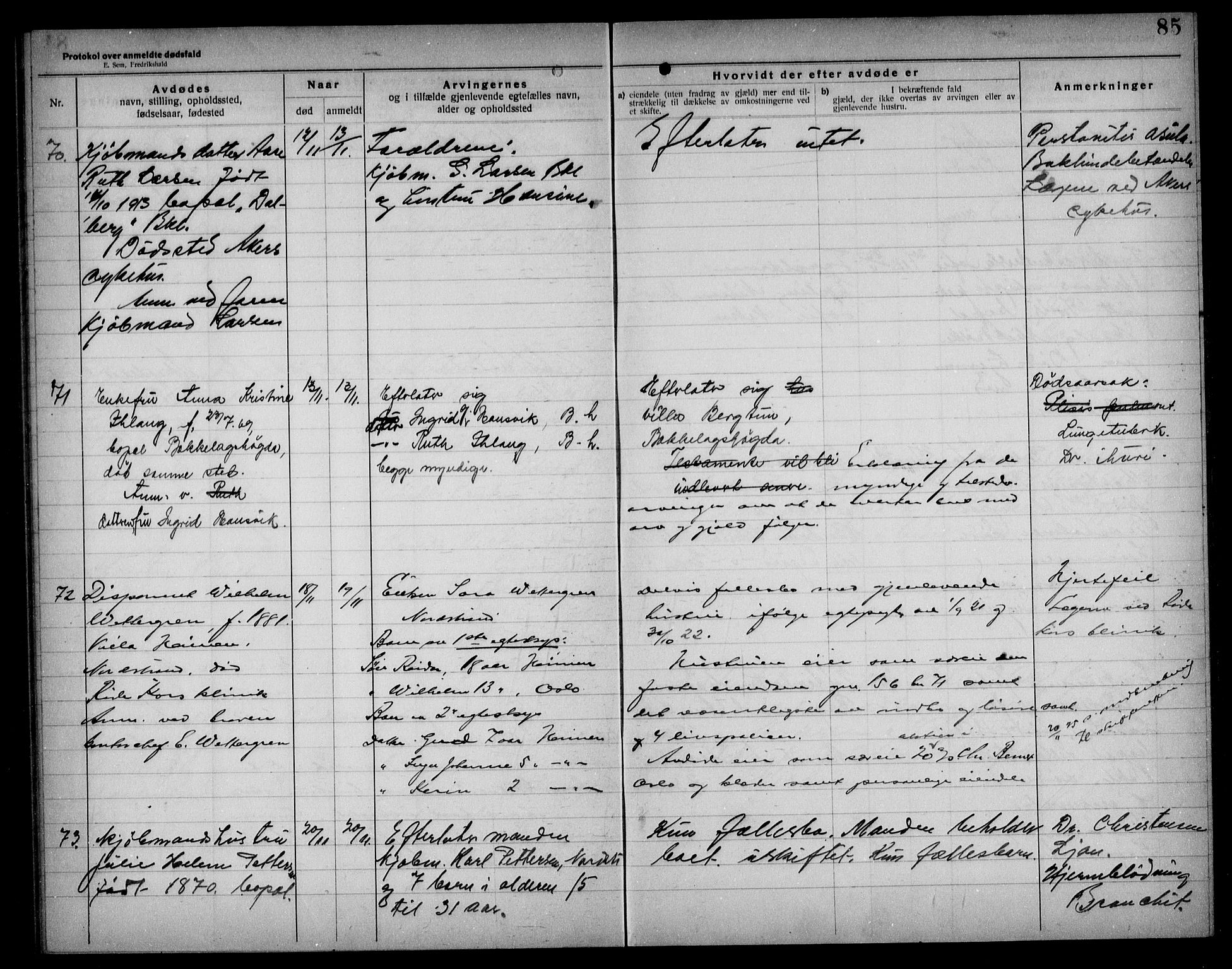 Aker kriminaldommer, skifte- og auksjonsforvalterembete, AV/SAO-A-10452/H/Hb/Hba/Hbad/L0001: Dødsfallsprotokoll for Nordstrand, 1922-1929, p. 85