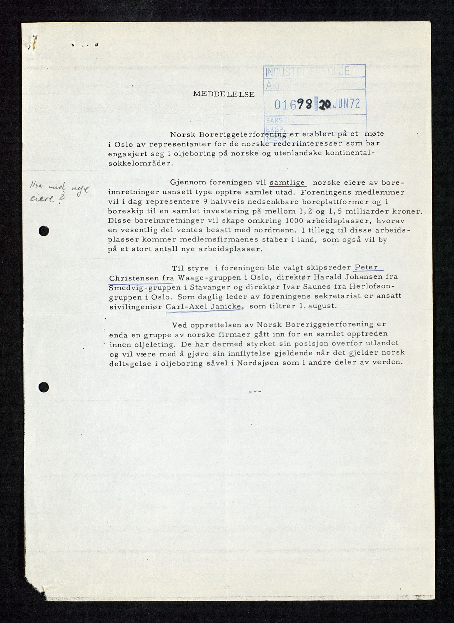 Industridepartementet, Oljekontoret, AV/SAST-A-101348/Db/L0002: Oljevernrådet, Styret i OD, leieforhold, div., 1966-1973, p. 11