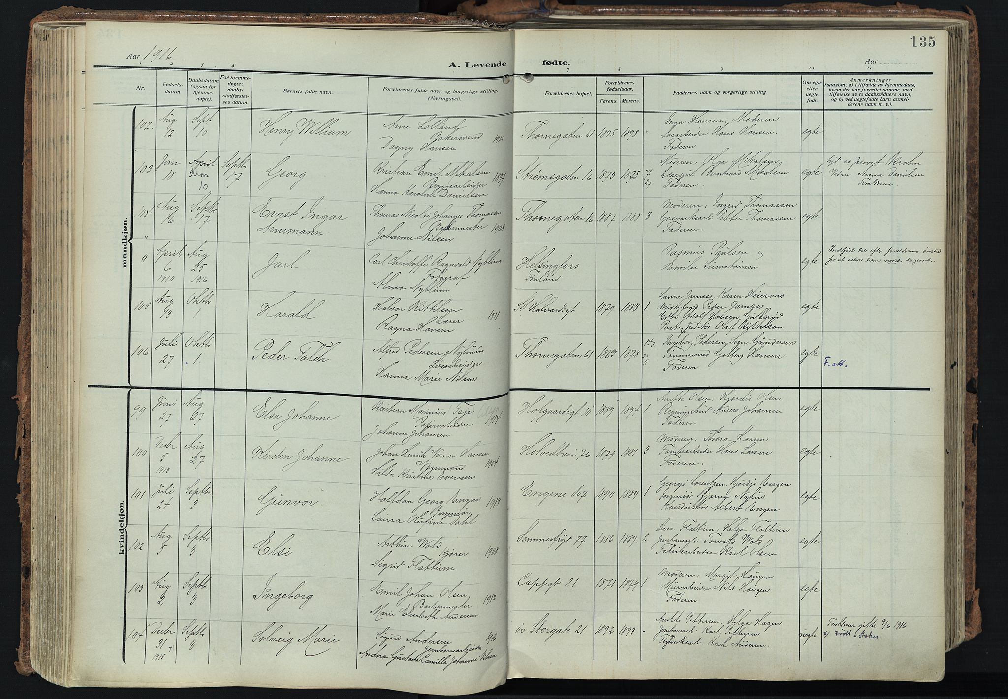 Bragernes kirkebøker, SAKO/A-6/F/Fb/L0010: Parish register (official) no. II 10, 1911-1922, p. 135