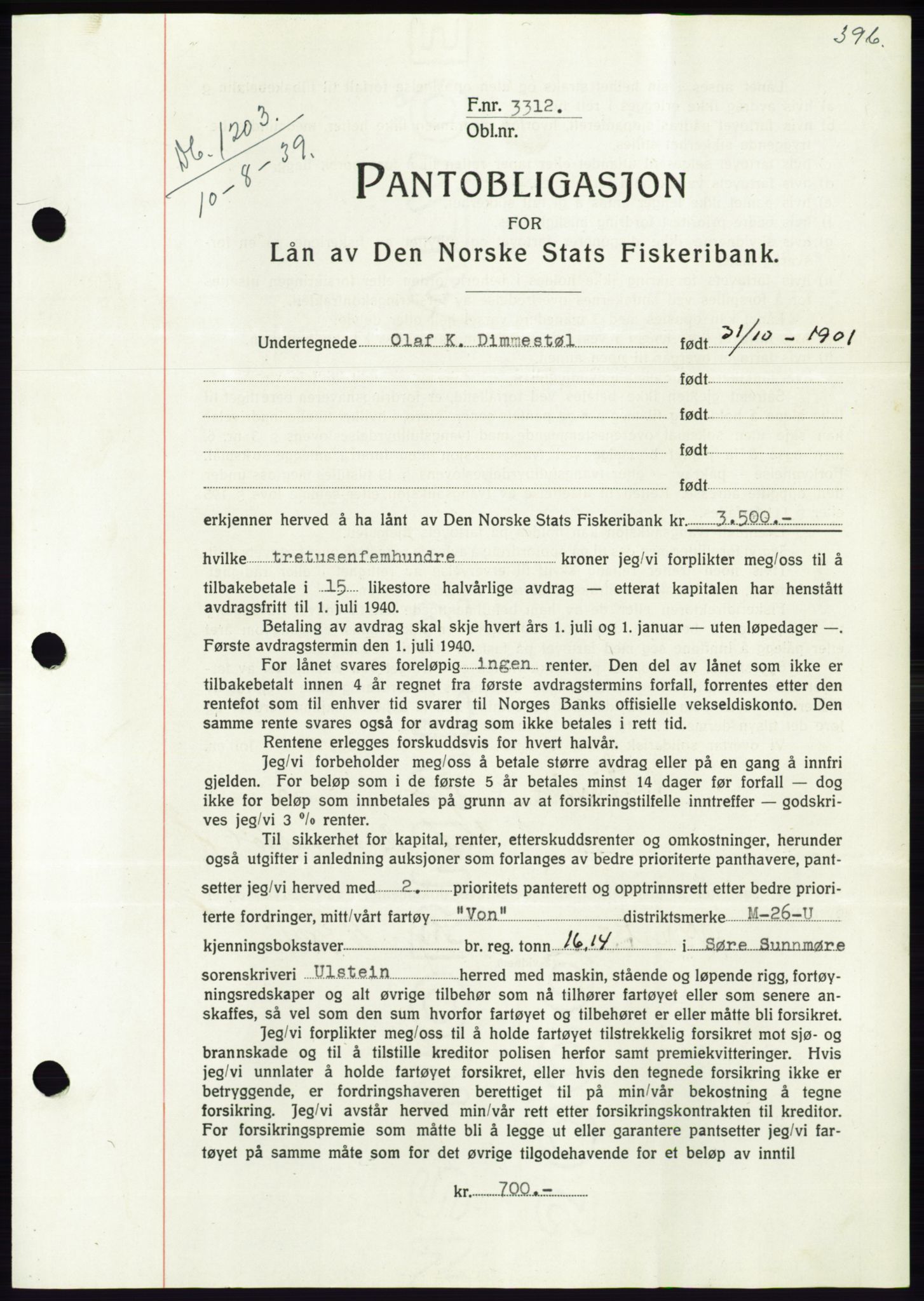 Søre Sunnmøre sorenskriveri, AV/SAT-A-4122/1/2/2C/L0068: Mortgage book no. 62, 1939-1939, Diary no: : 1203/1939