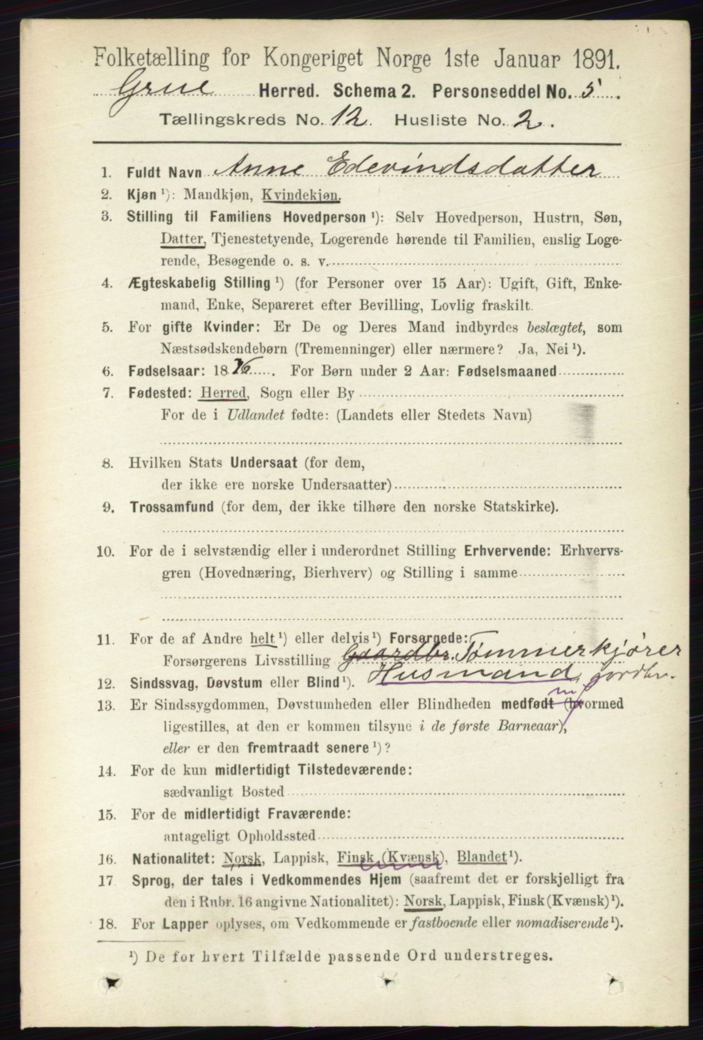 RA, 1891 census for 0423 Grue, 1891, p. 6127