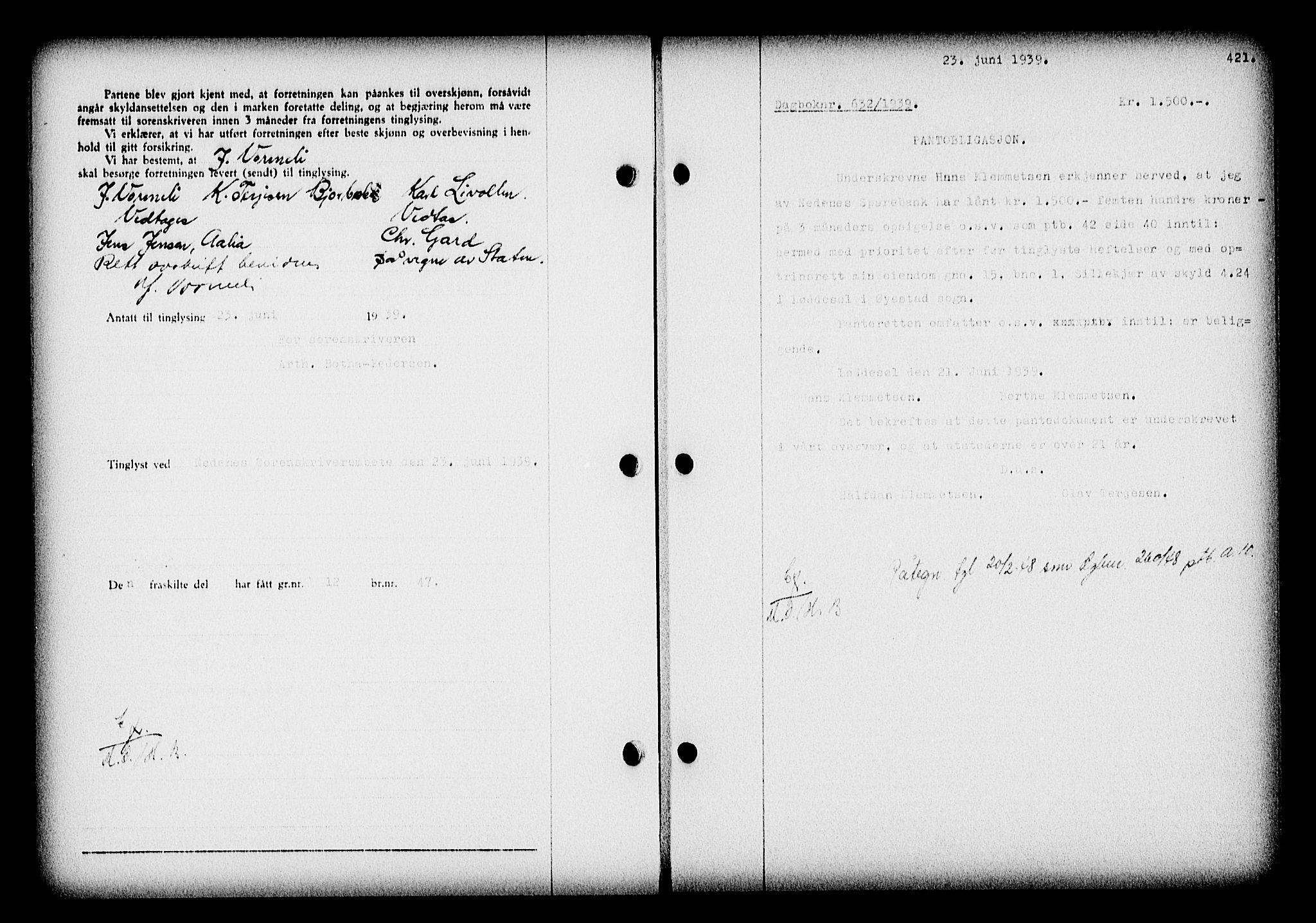 Nedenes sorenskriveri, SAK/1221-0006/G/Gb/Gba/L0046: Mortgage book no. 42, 1938-1939, Diary no: : 632/1939