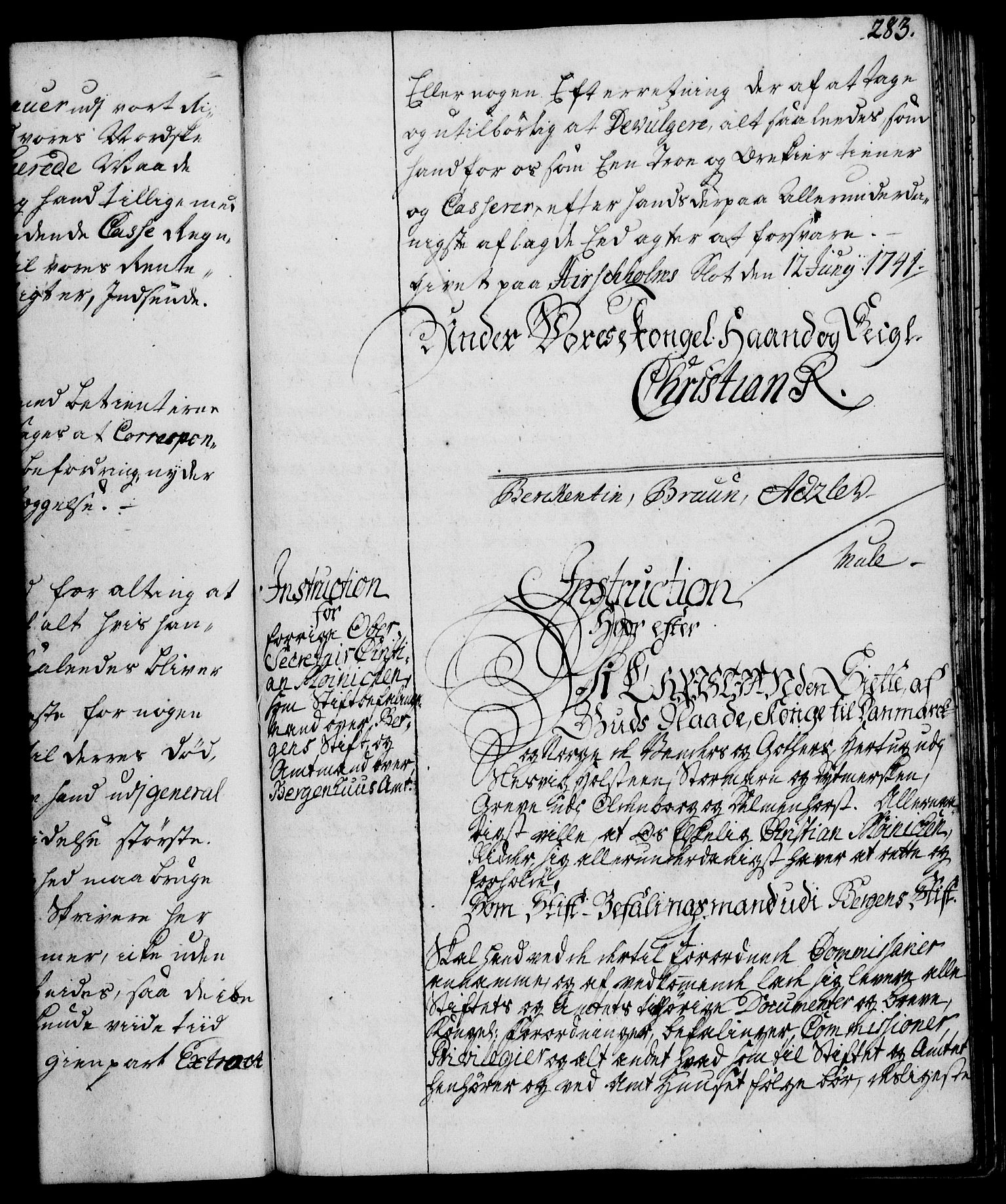 Rentekammeret, Kammerkanselliet, RA/EA-3111/G/Gg/Ggi/L0002: Norsk instruksjonsprotokoll med register (merket RK 53.35), 1729-1751, p. 283