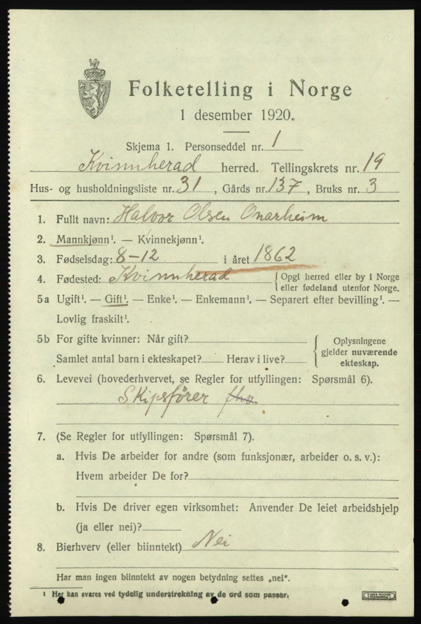 SAB, 1920 census for Kvinnherad, 1920, p. 12238