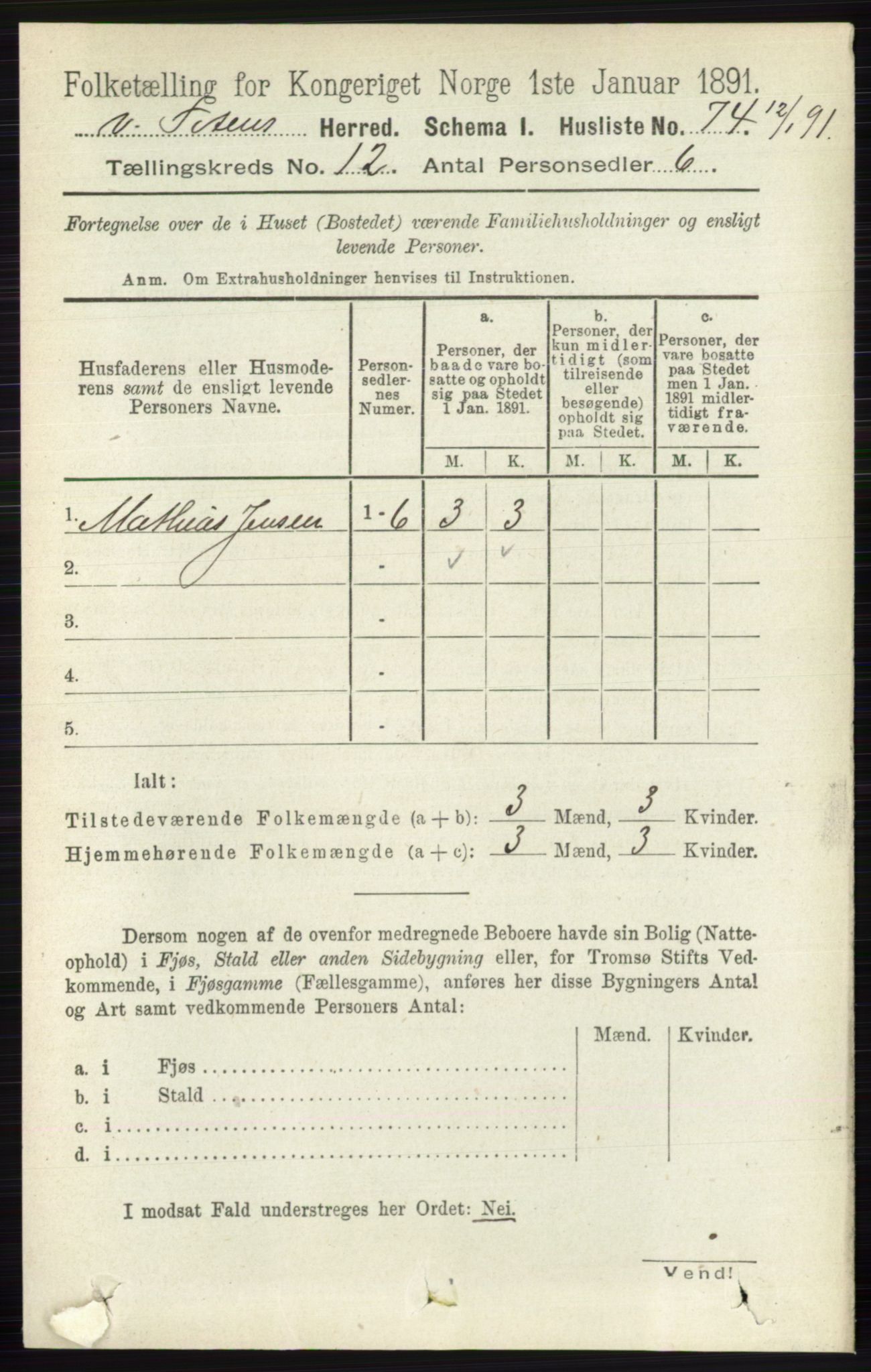 RA, 1891 census for 0529 Vestre Toten, 1891, p. 7274