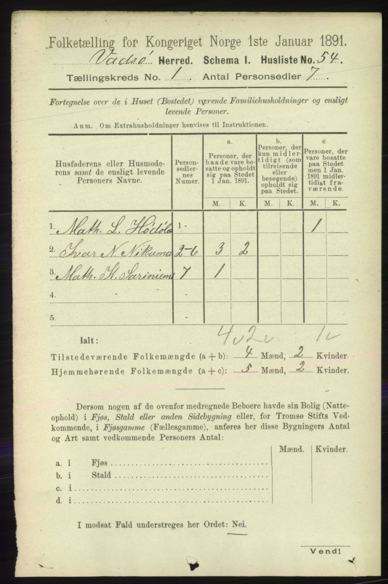 RA, 1891 census for 2029 Vadsø, 1891, p. 67