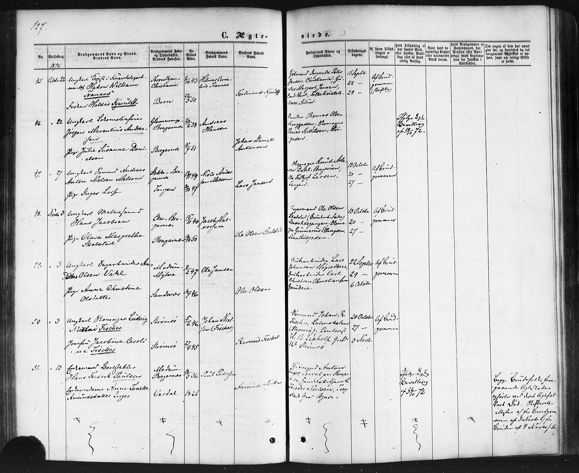 Bragernes kirkebøker, SAKO/A-6/F/Fc/L0003: Parish register (official) no. III 3, 1865-1874, p. 127