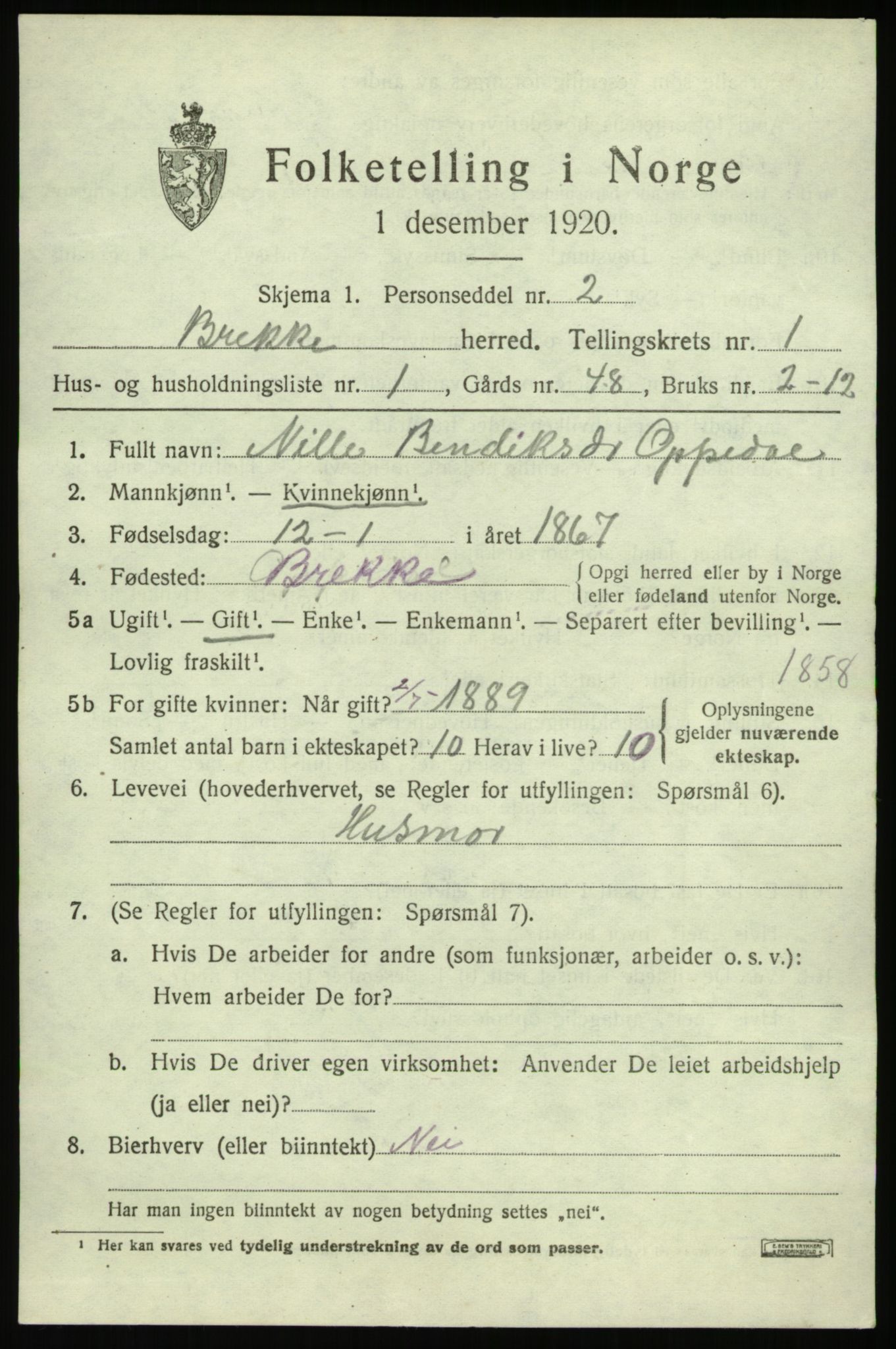 SAB, 1920 census for Brekke, 1920, p. 332