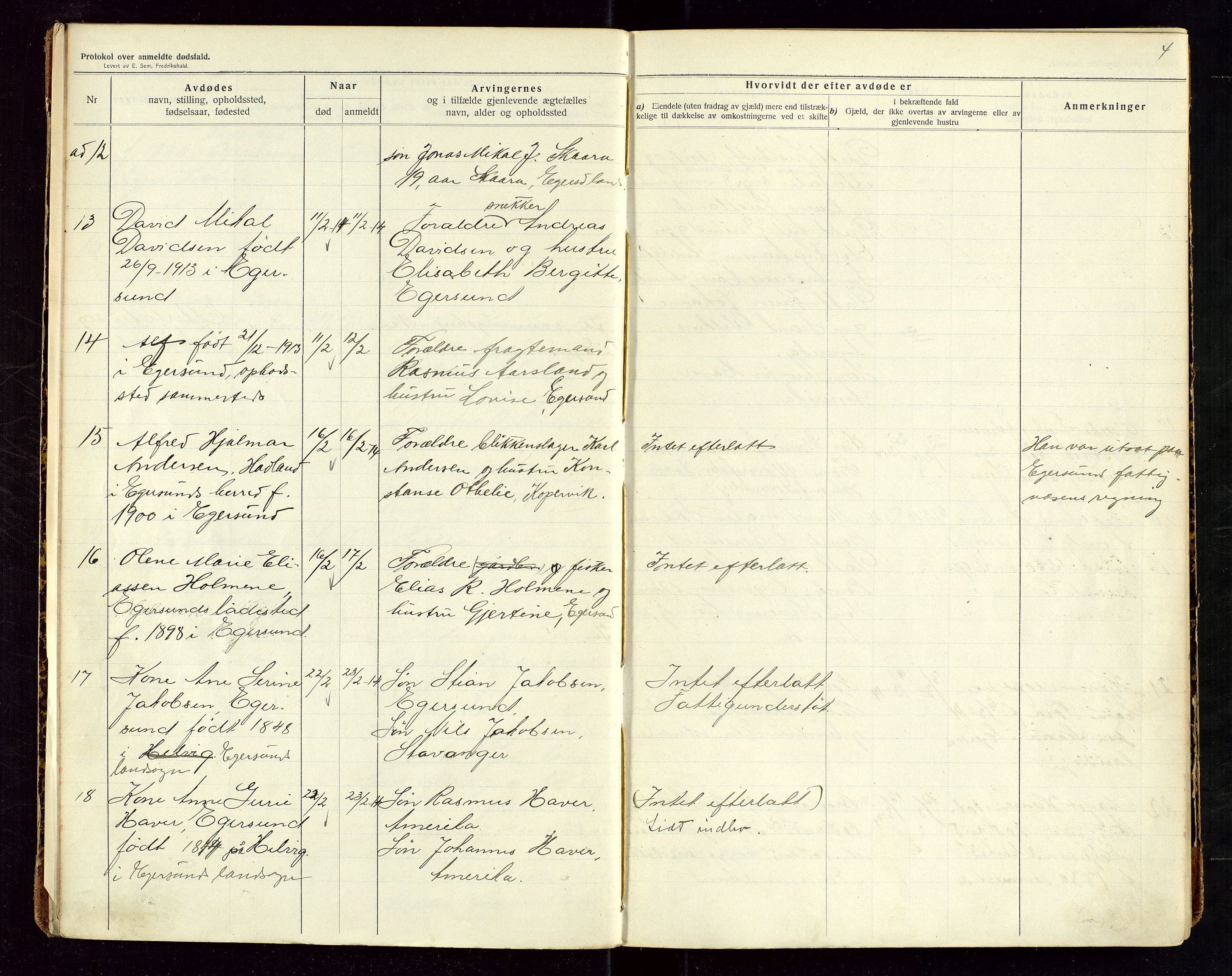 Eigersund lensmannskontor, SAST/A-100171/Gga/L0006: "Protokol over anmeldte dødsfald" m/alfabetisk navneregister, 1914-1917, p. 4