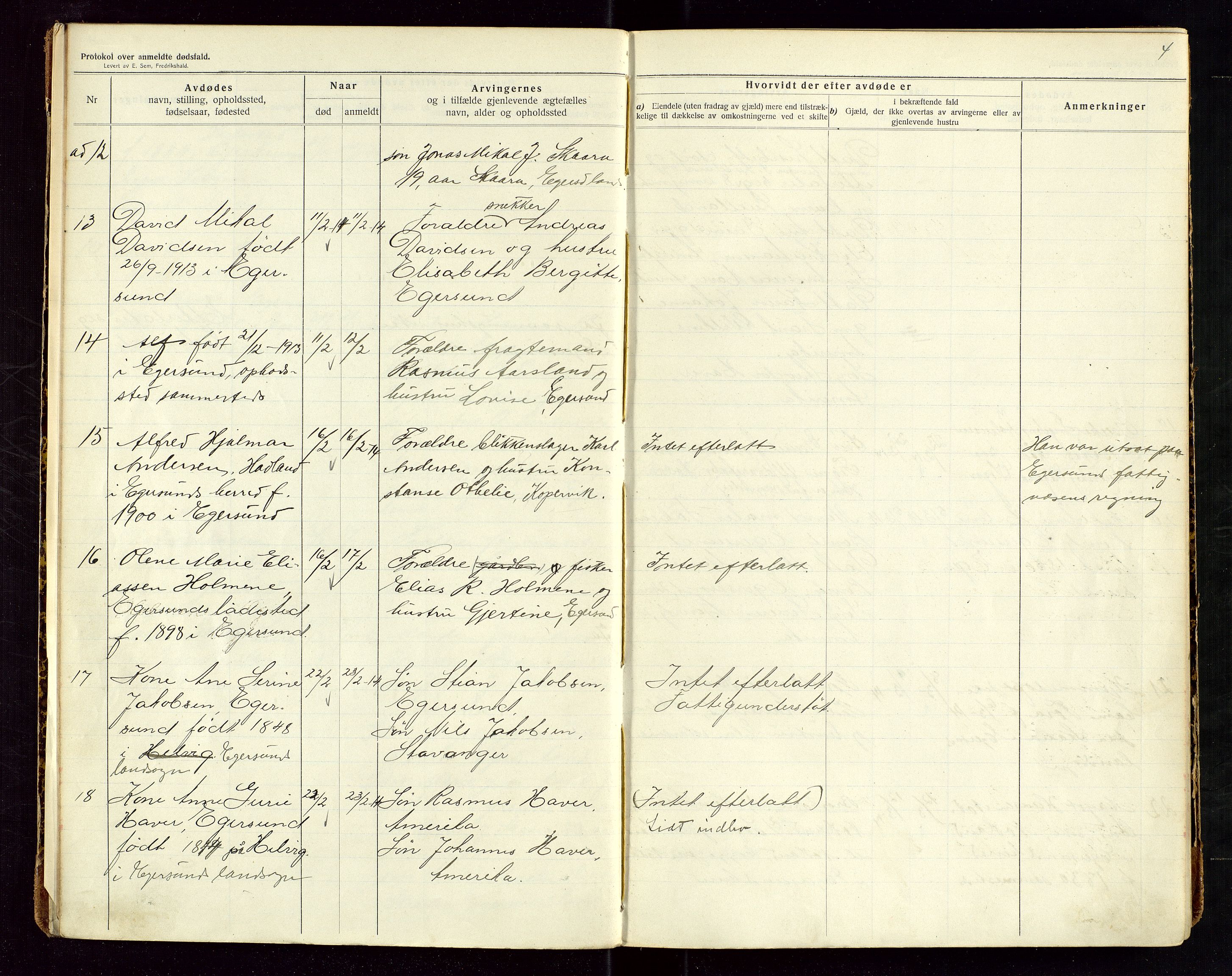 Eigersund lensmannskontor, AV/SAST-A-100171/Gga/L0006: "Protokol over anmeldte dødsfald" m/alfabetisk navneregister, 1914-1917, p. 4