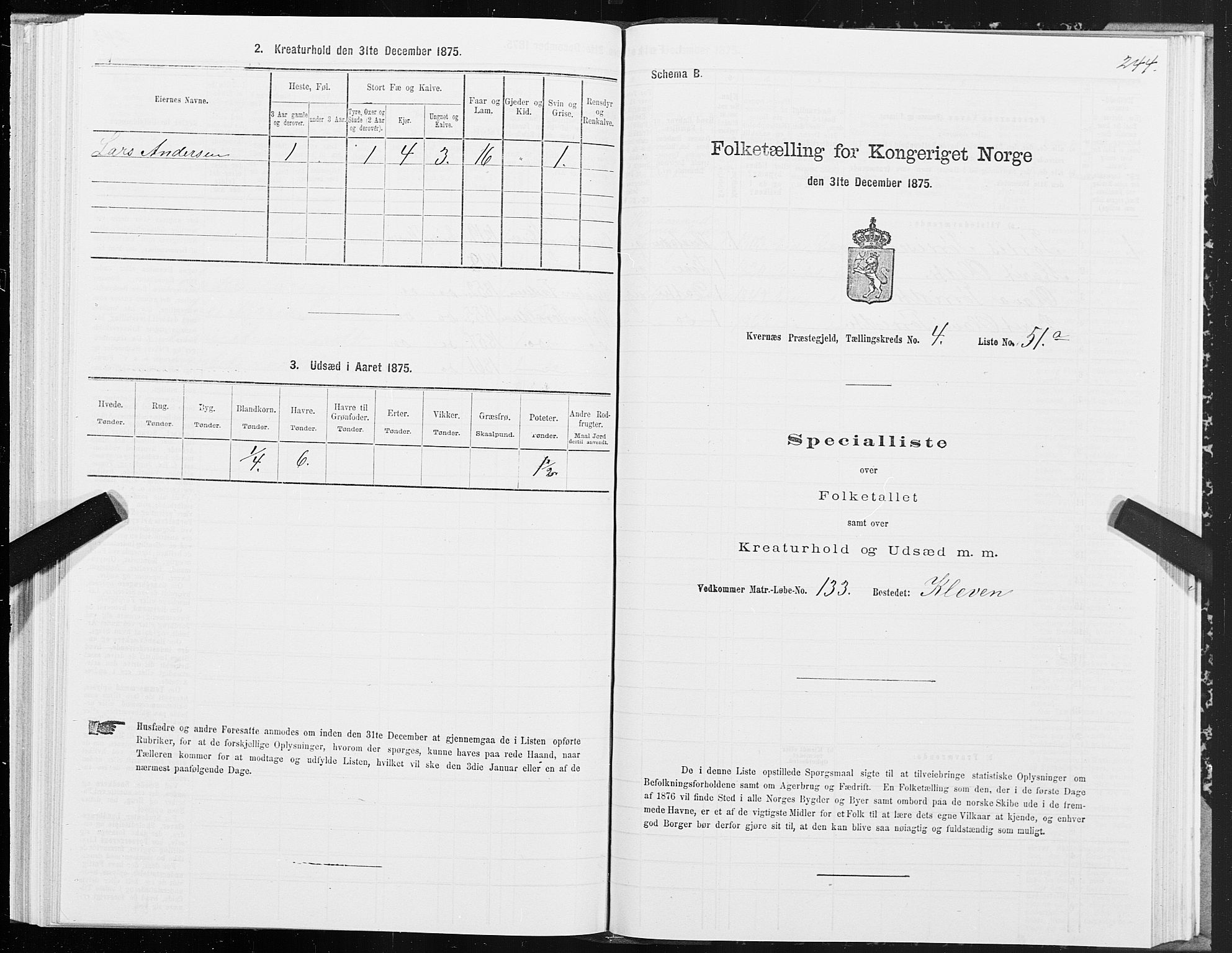 SAT, 1875 census for 1553P Kvernes, 1875, p. 2244