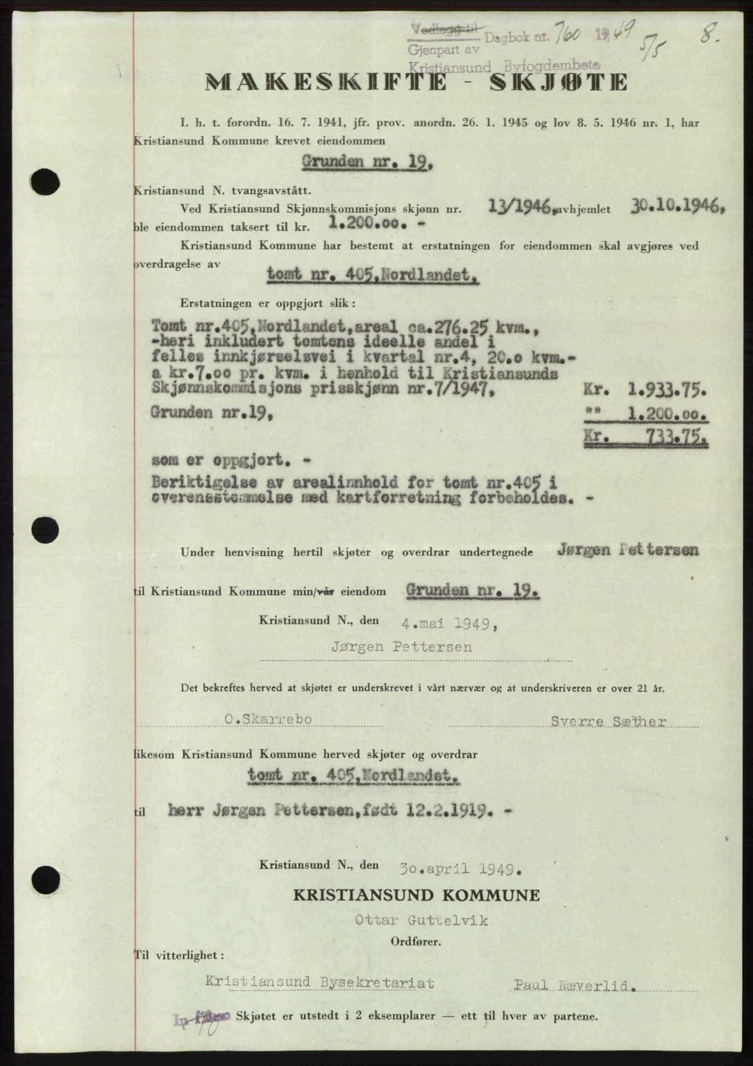 Kristiansund byfogd, AV/SAT-A-4587/A/27: Mortgage book no. 46, 1949-1950, Diary no: : 760/1949