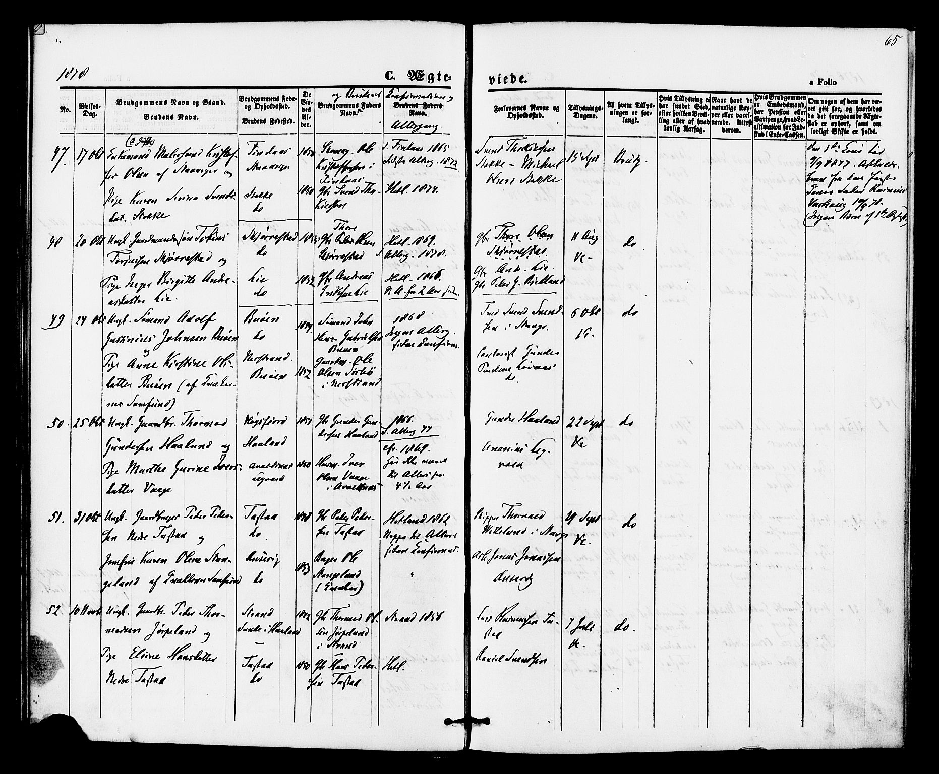 Hetland sokneprestkontor, AV/SAST-A-101826/30/30BA/L0005: Parish register (official) no. A 5, 1869-1884, p. 65