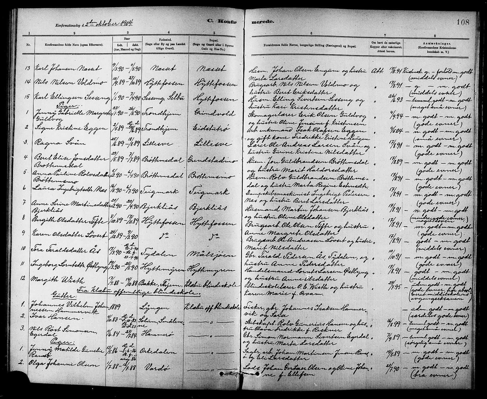 Ministerialprotokoller, klokkerbøker og fødselsregistre - Sør-Trøndelag, AV/SAT-A-1456/618/L0452: Parish register (copy) no. 618C03, 1884-1906, p. 108