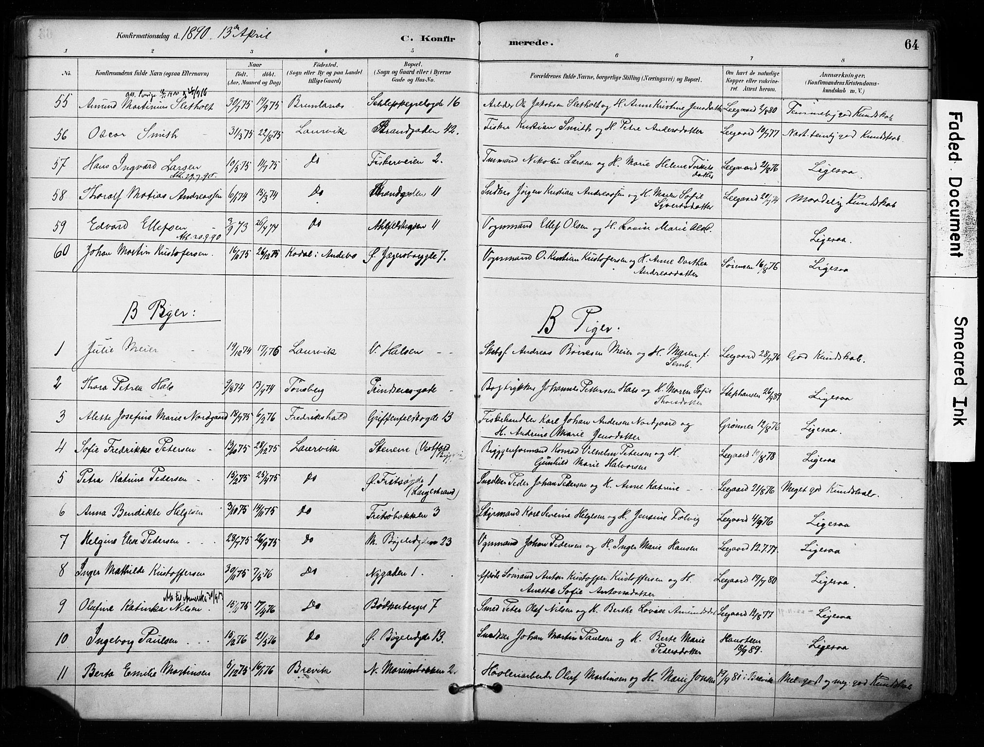 Larvik kirkebøker, AV/SAKO-A-352/F/Fa/L0008: Parish register (official) no. I 8, 1884-1902, p. 64