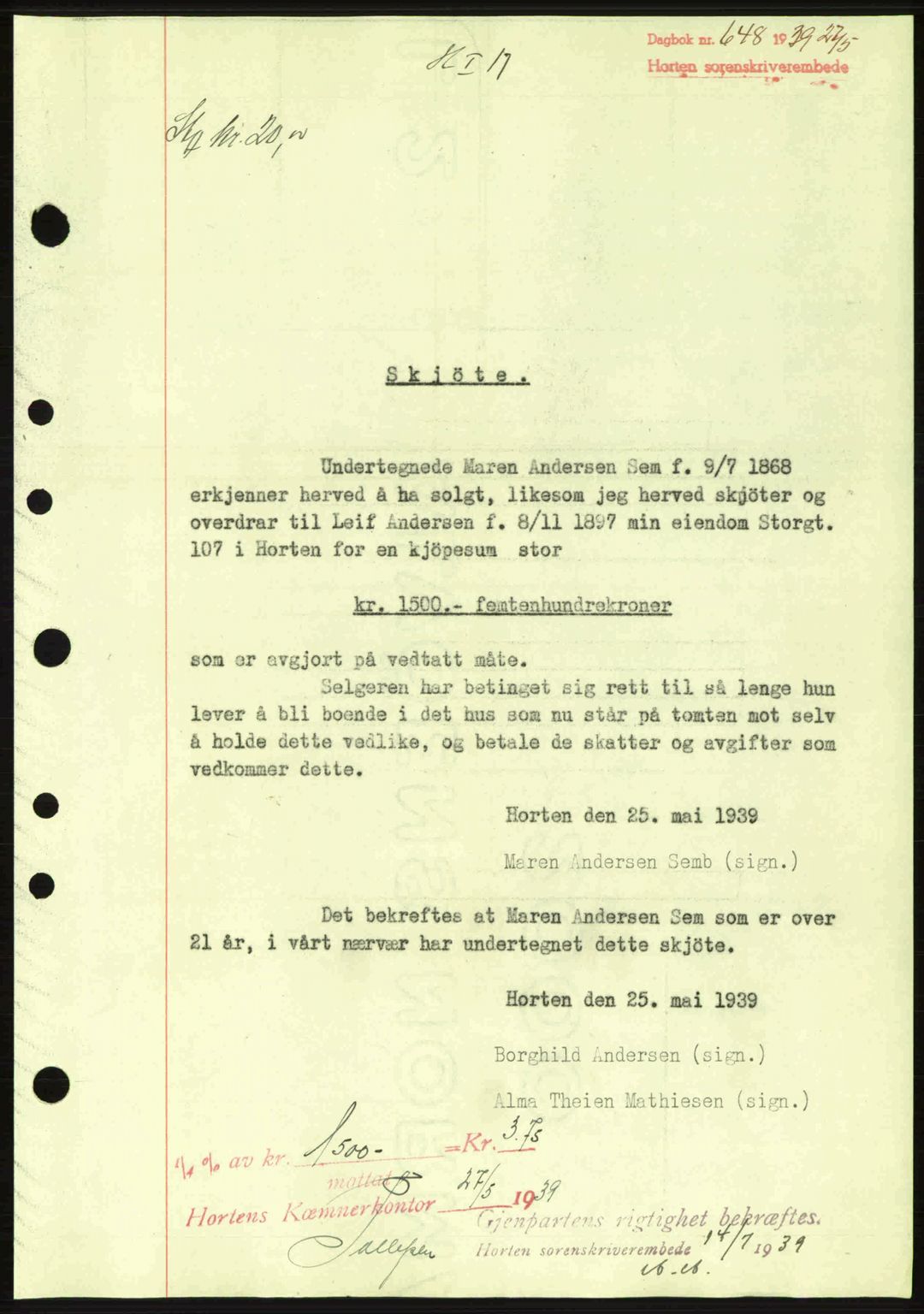 Horten sorenskriveri, AV/SAKO-A-133/G/Ga/Gaa/L0003: Mortgage book no. A-3, 1939-1940, Diary no: : 648/1939