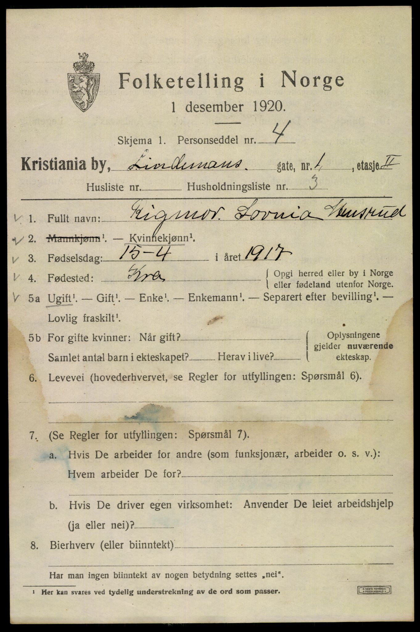 SAO, 1920 census for Kristiania, 1920, p. 364743