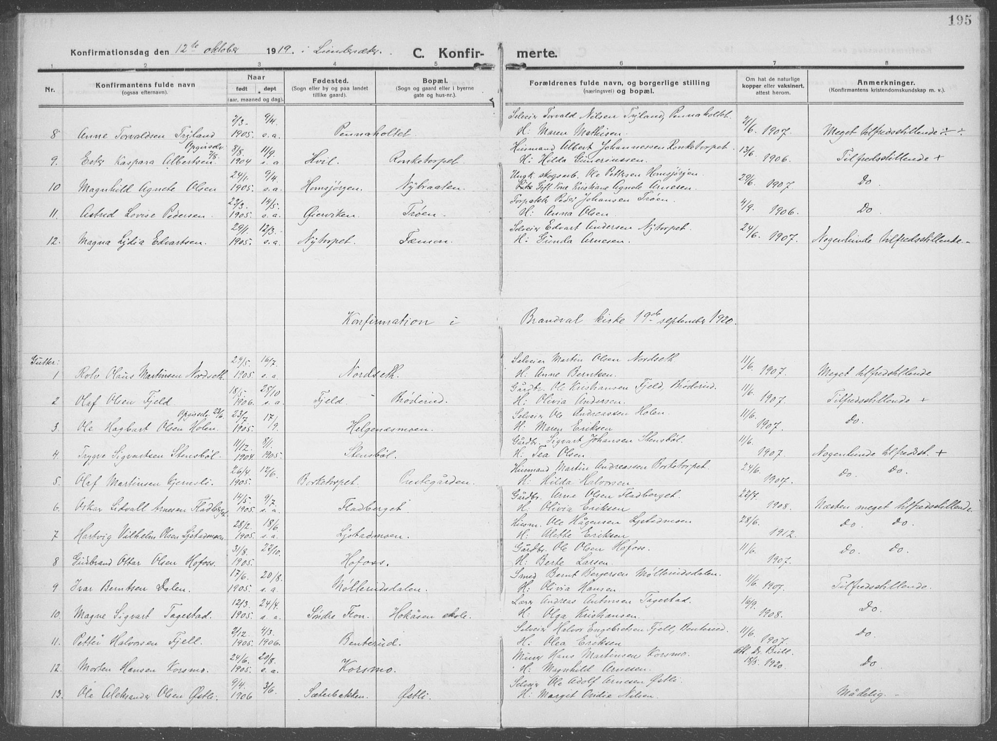 Brandval prestekontor, SAH/PREST-034/H/Ha/Haa/L0004: Parish register (official) no. 4, 1910-1924, p. 195